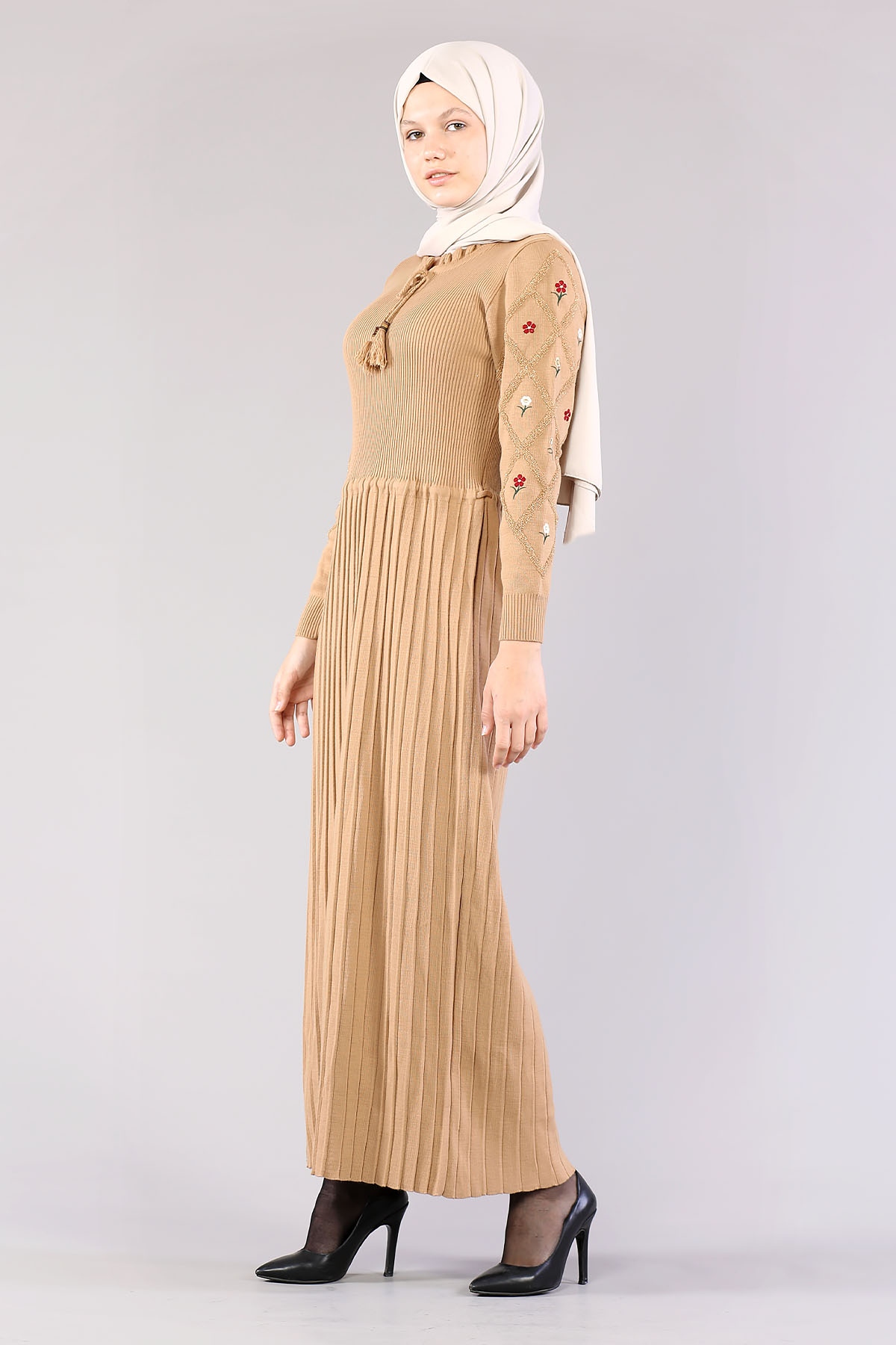 4050 Triko Elbise Tek - Camel - 1