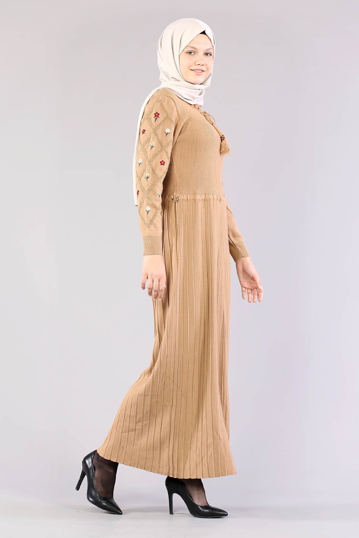 4050 Triko Elbise Tek - Camel - 3