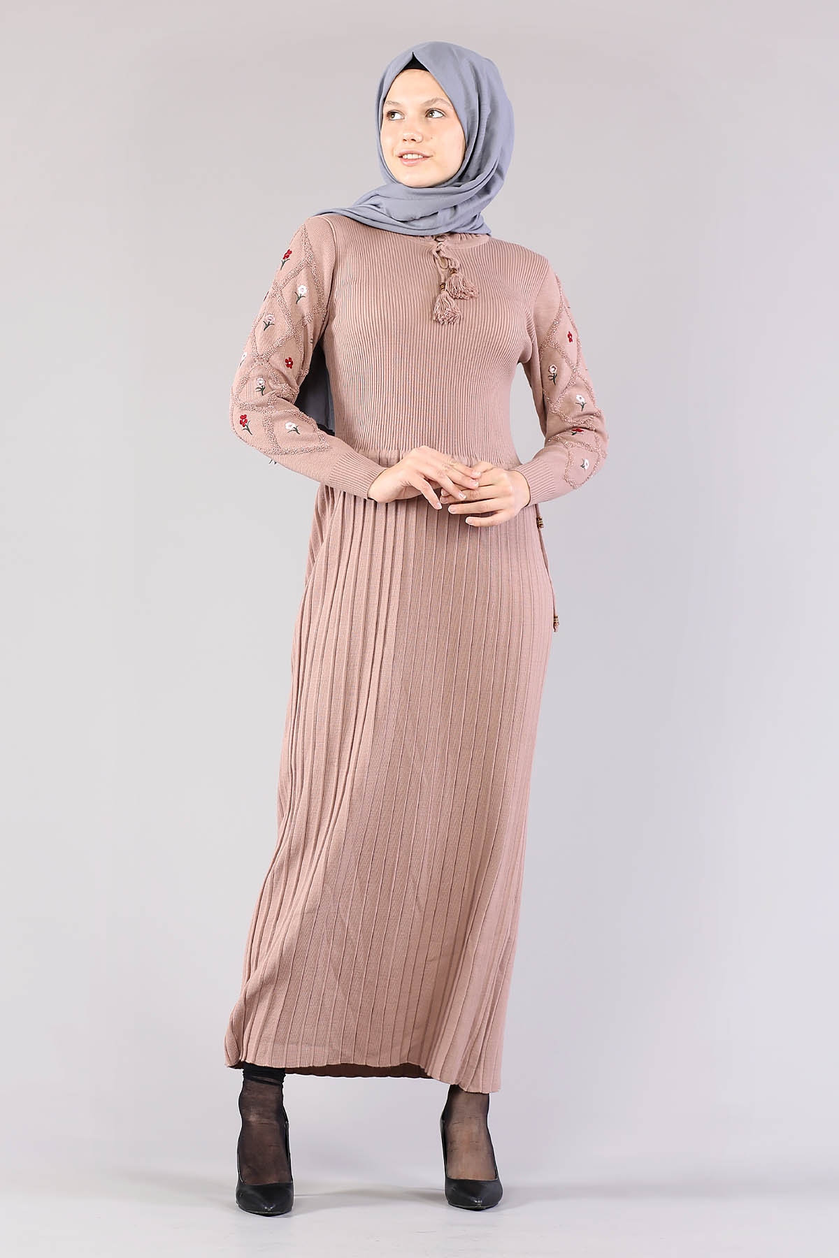 4050 Triko Elbise Tek - Pudra - 1