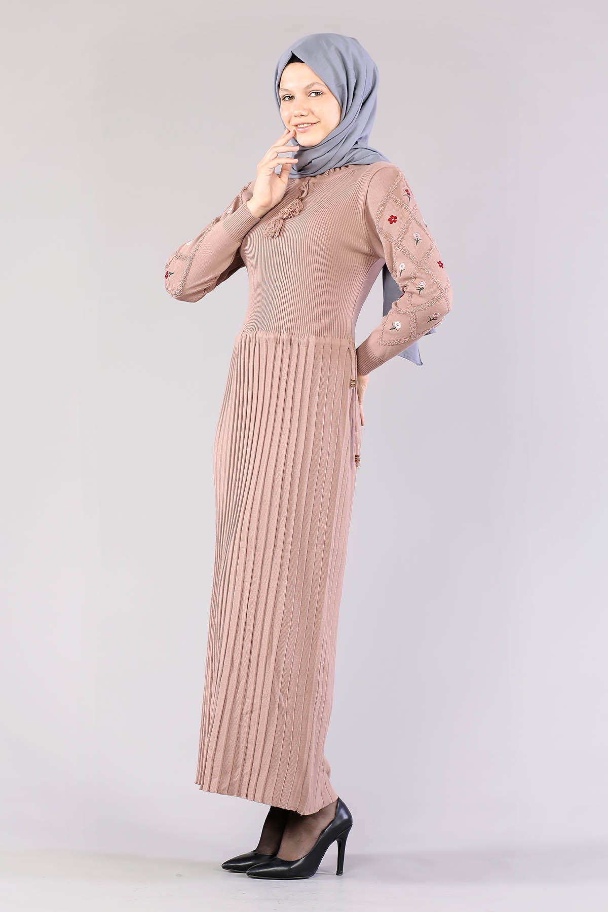 4050 Triko Elbise Tek - Pudra - 2