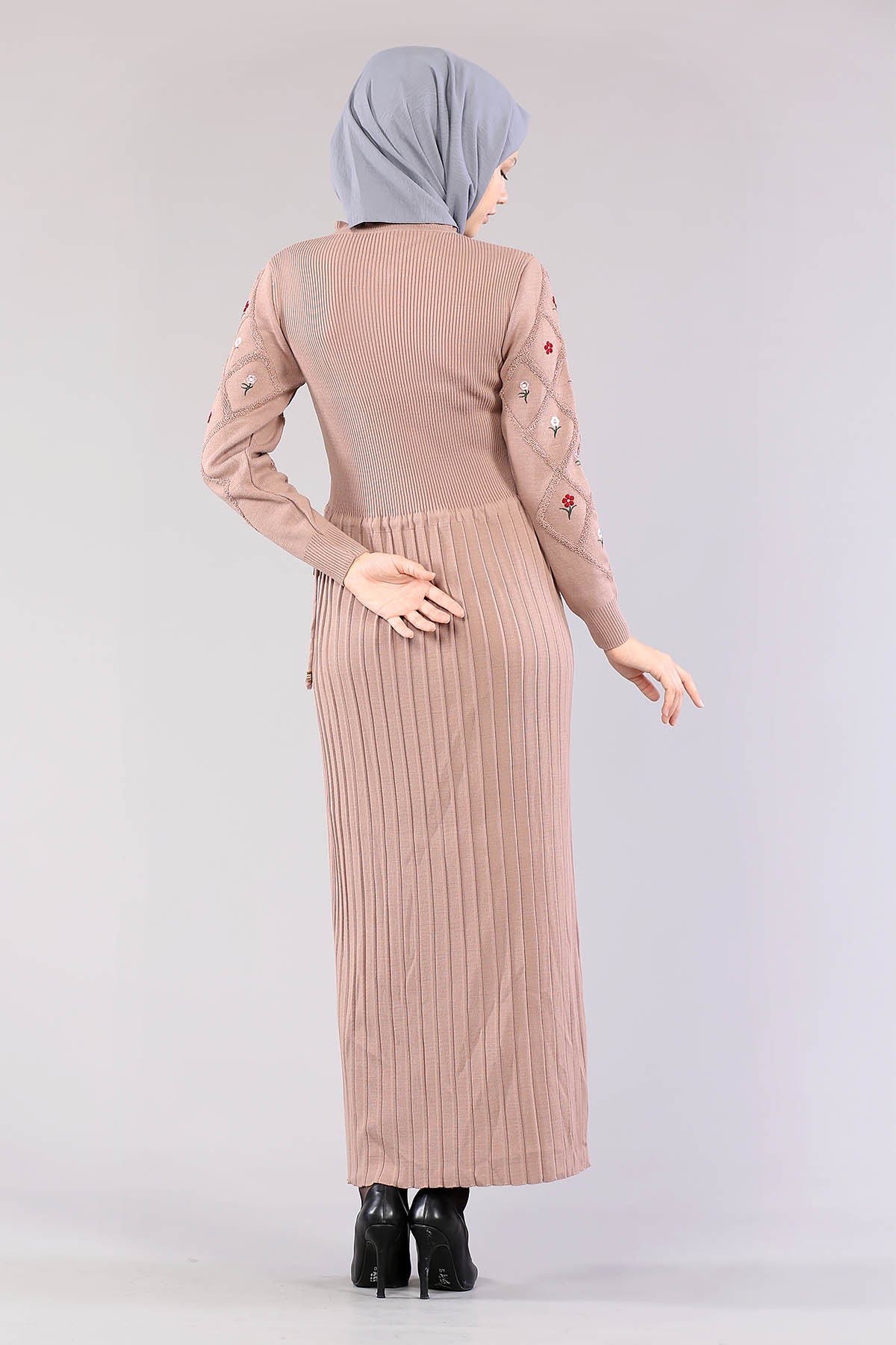 4050 Triko Elbise Tek - Pudra - 3