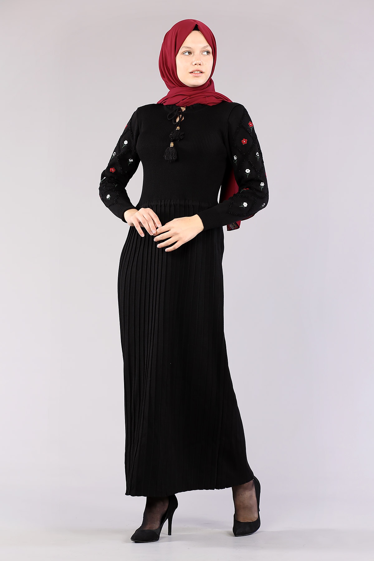 4050 Triko Elbise Tek - Siyah - 1