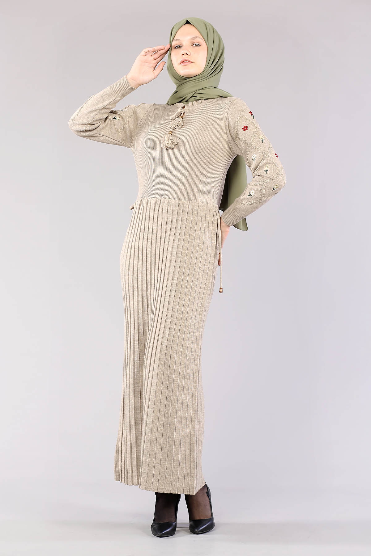 4050 Triko Elbise Tek - Vizon - 1