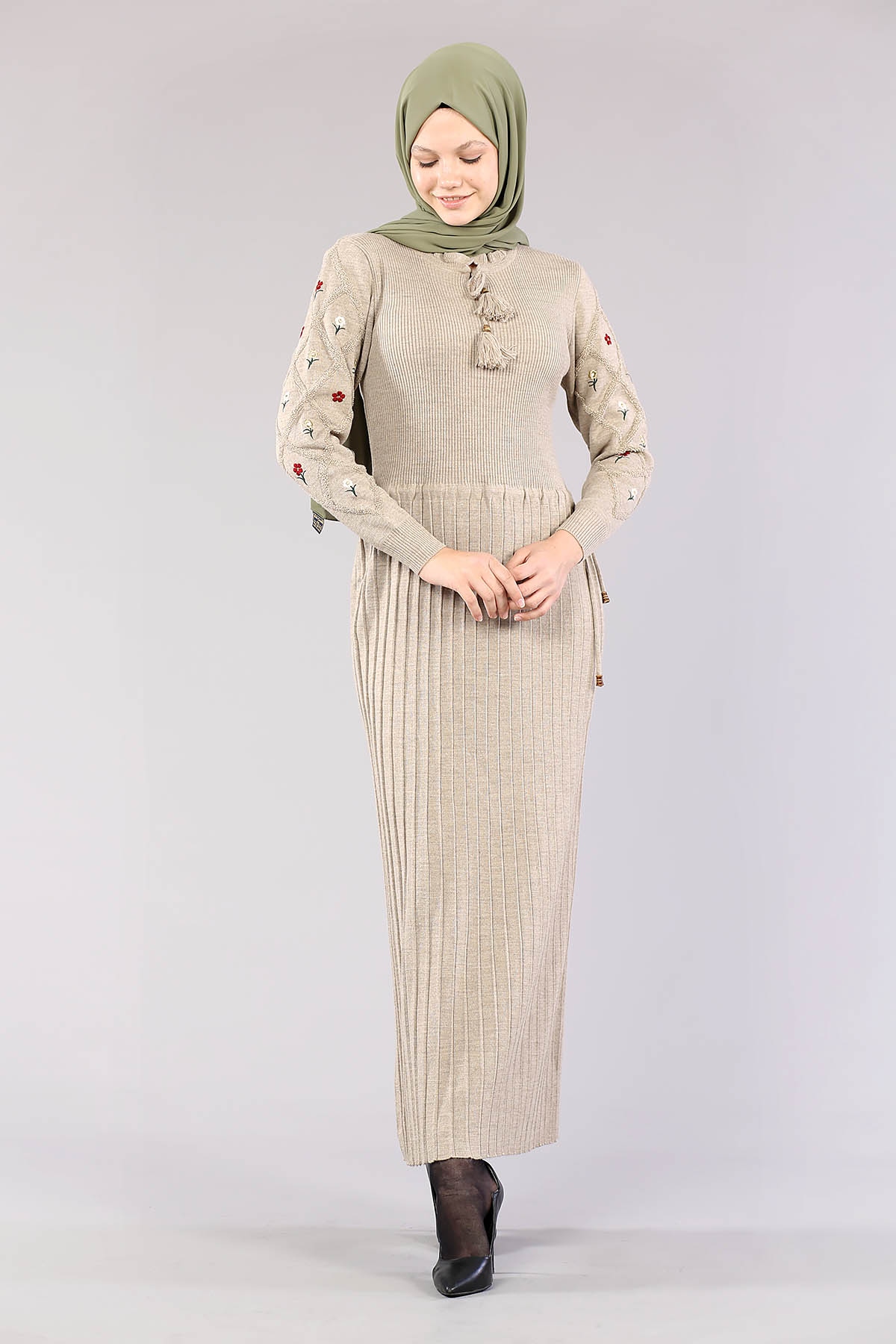 4050 Triko Elbise Tek - Vizon - 2