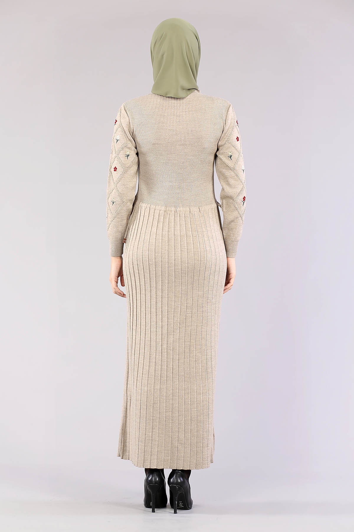 4050 Triko Elbise Tek - Vizon - 3