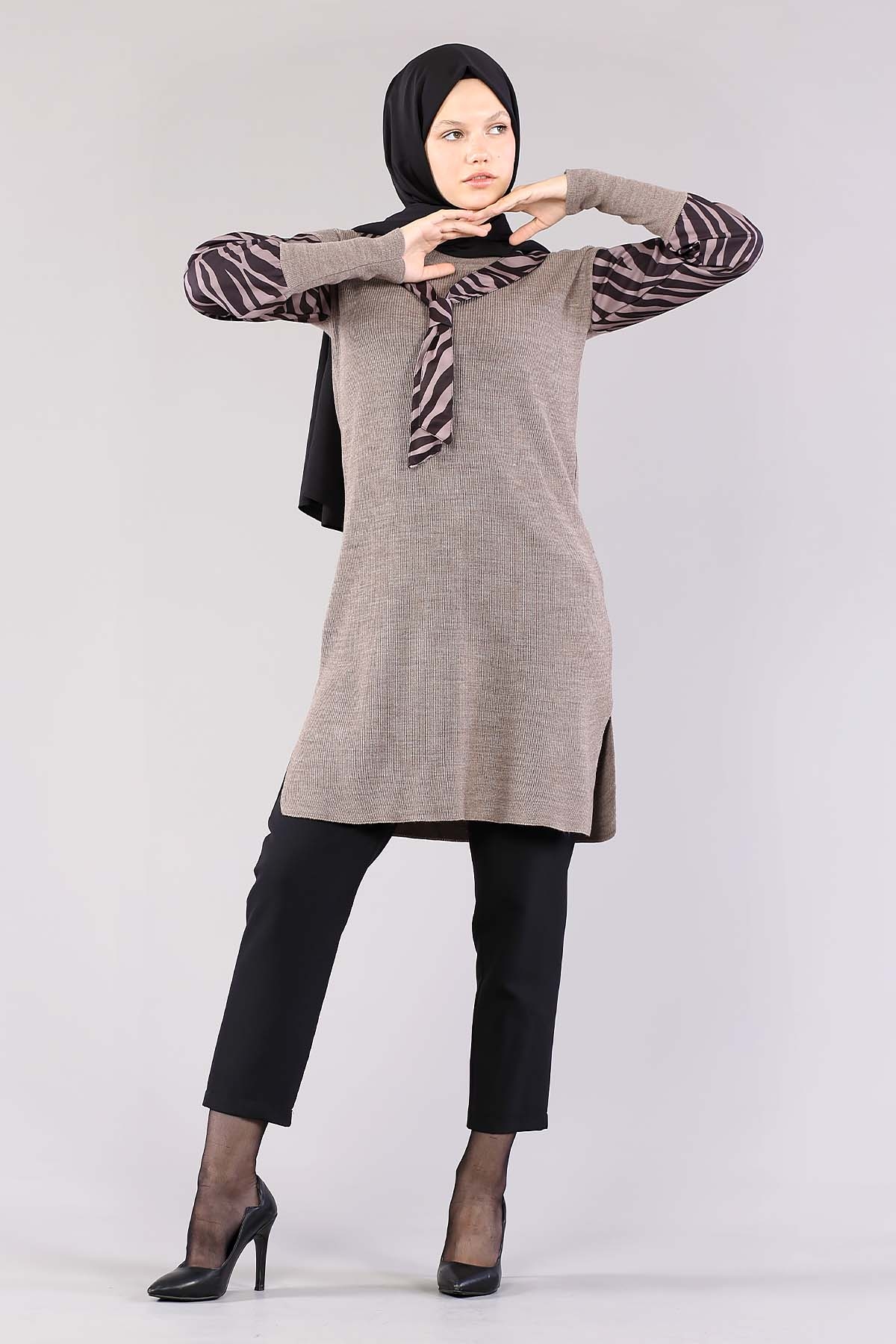 4063 Zebra Garnili Tunik Tek - Vizon - 1