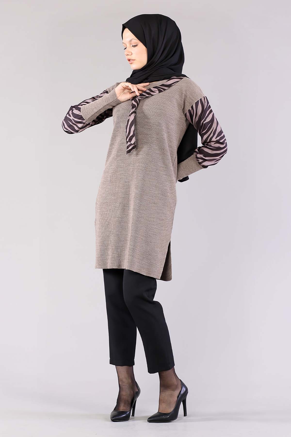 4063 Zebra Garnili Tunik Tek - Vizon - 3