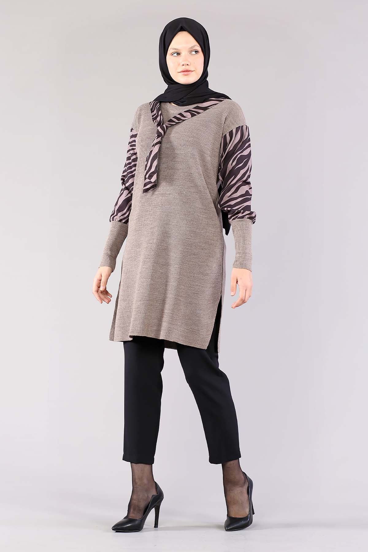 4063 Zebra Garnili Tunik Tek - Vizon - 4