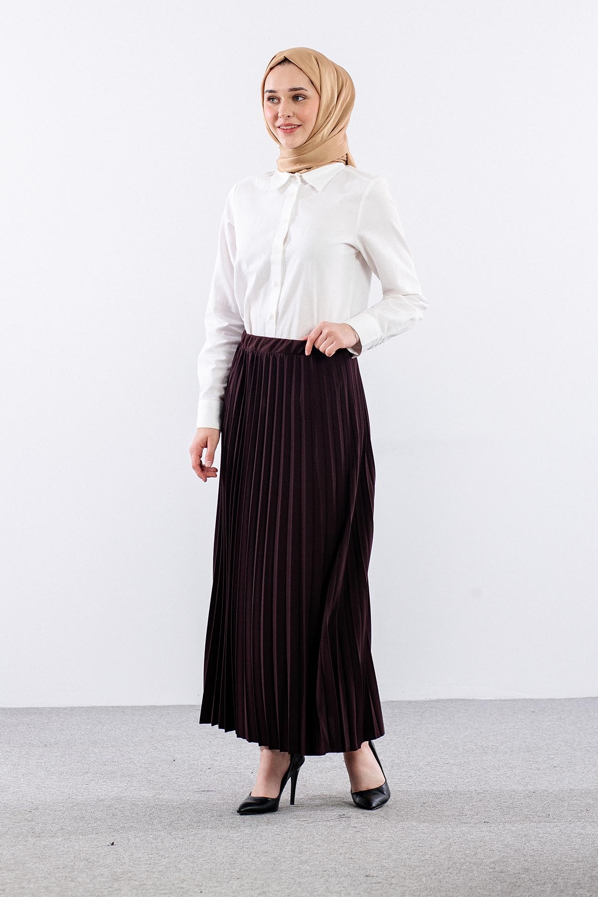 412 Pli̇se Etek 38-48 - Kahve - 2