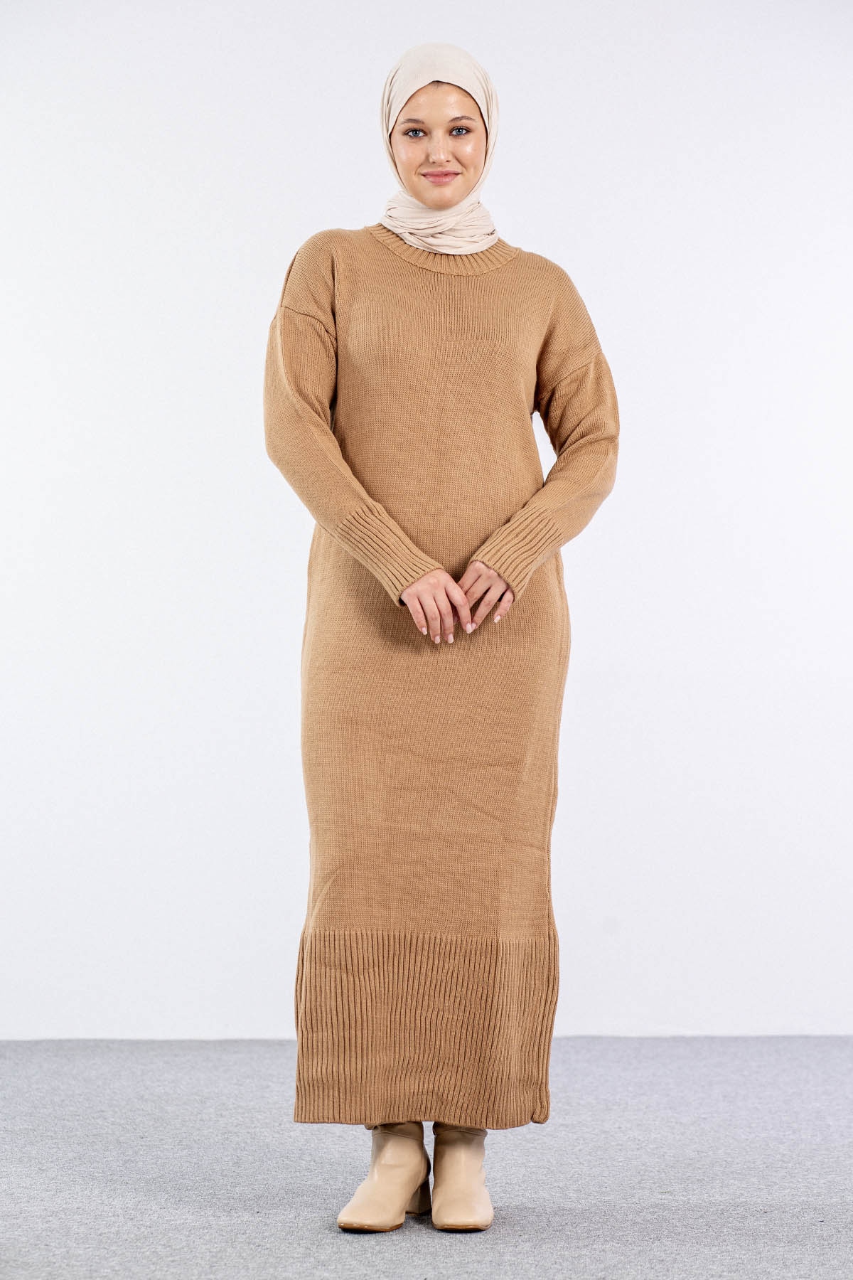 4125 Yelekli Elbise Tek - Camel - 1