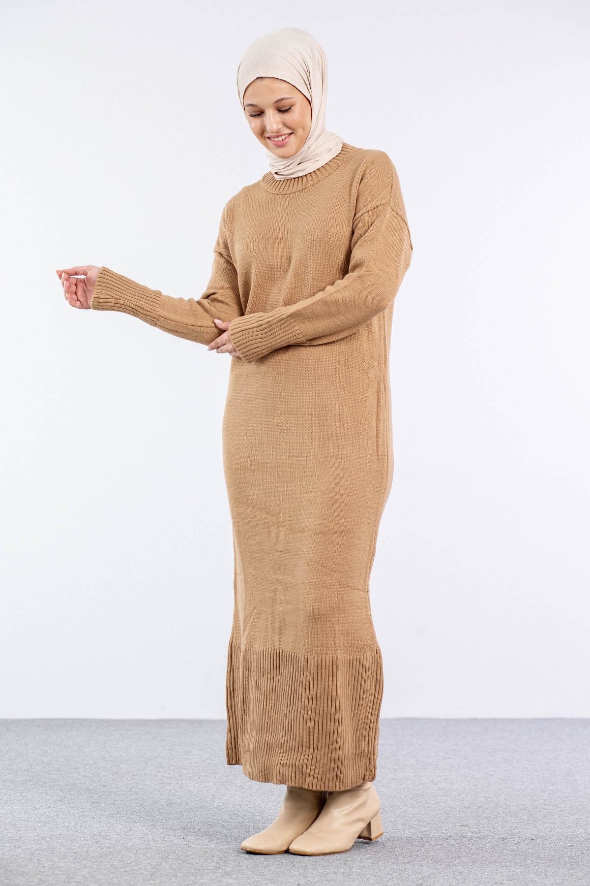 4125 Yelekli Elbise Tek - Camel - 2