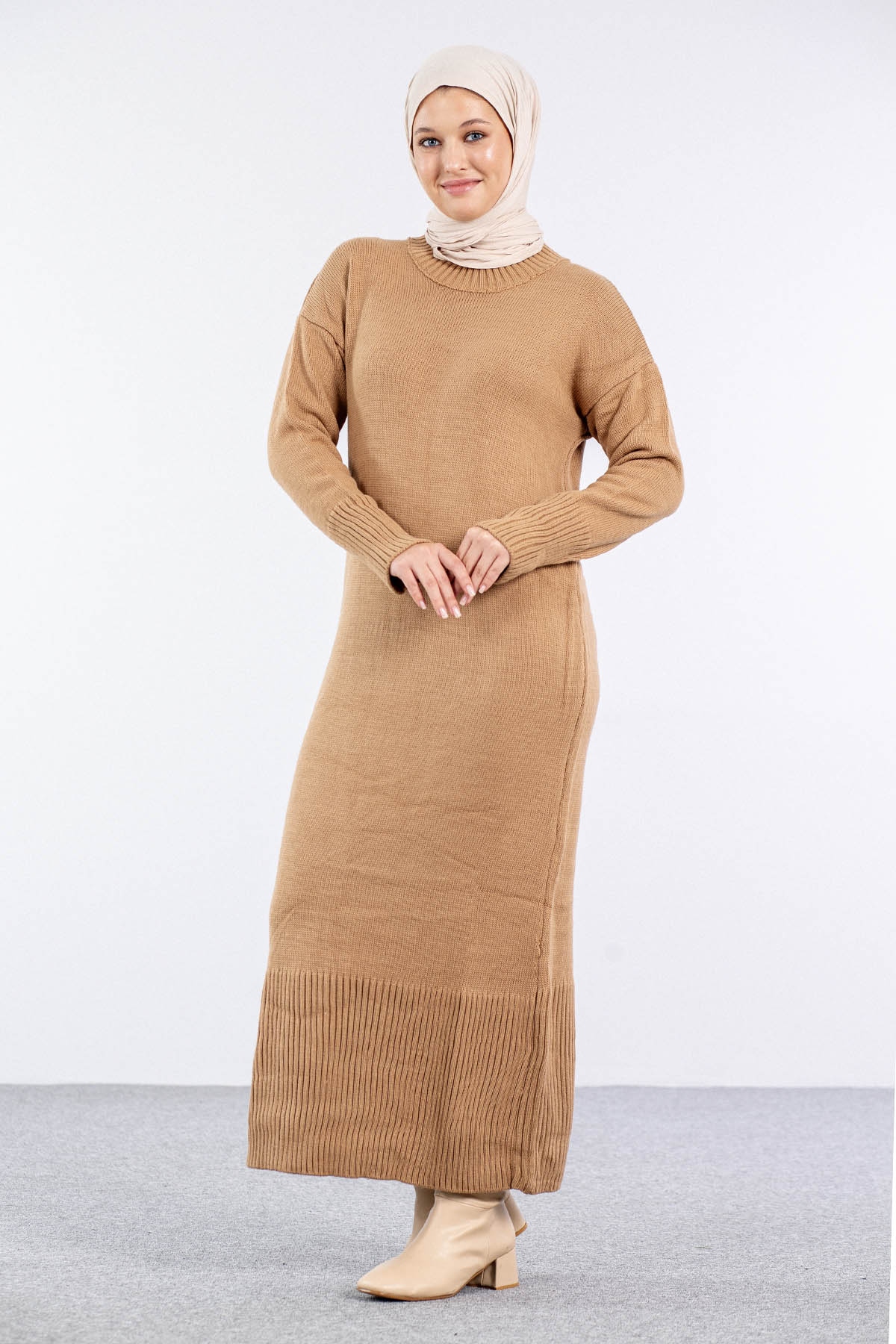 4125 Yelekli Elbise Tek - Camel - 3