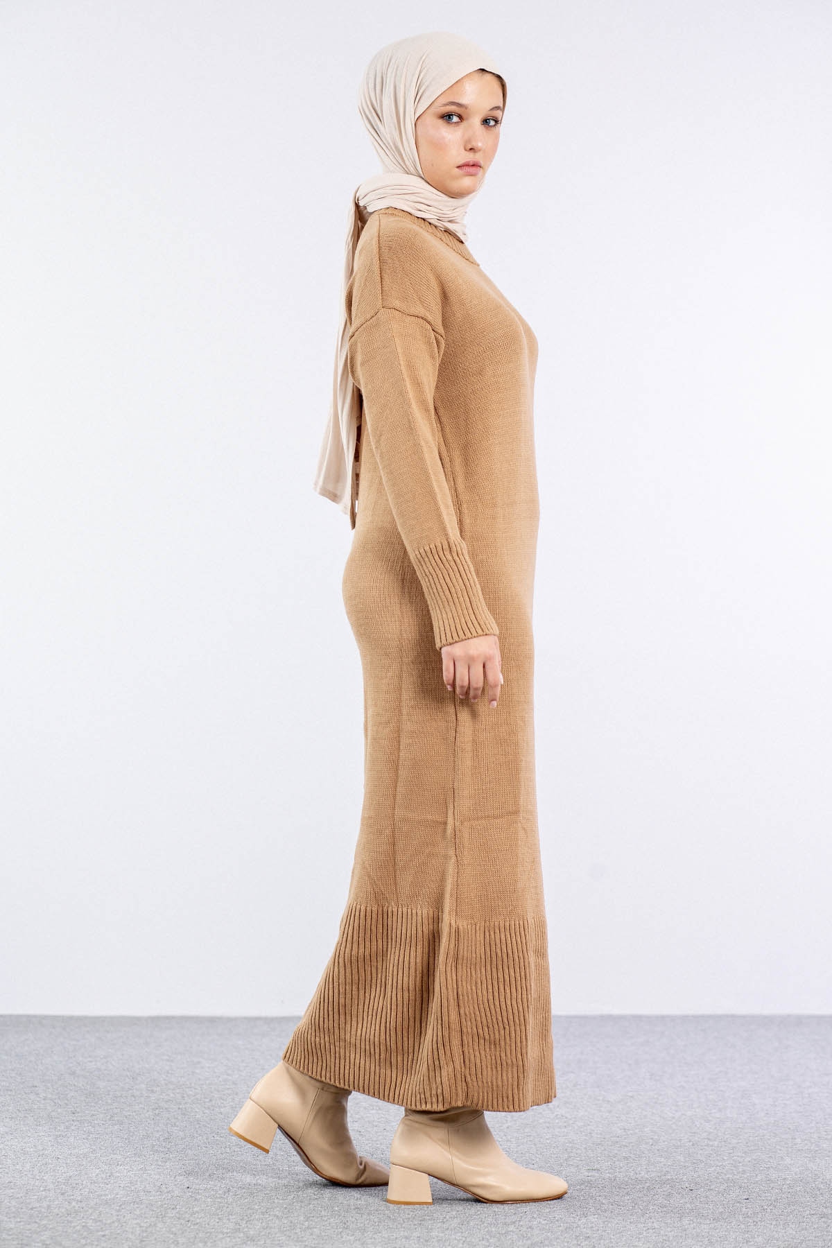 4125 Yelekli Elbise Tek - Camel - 5