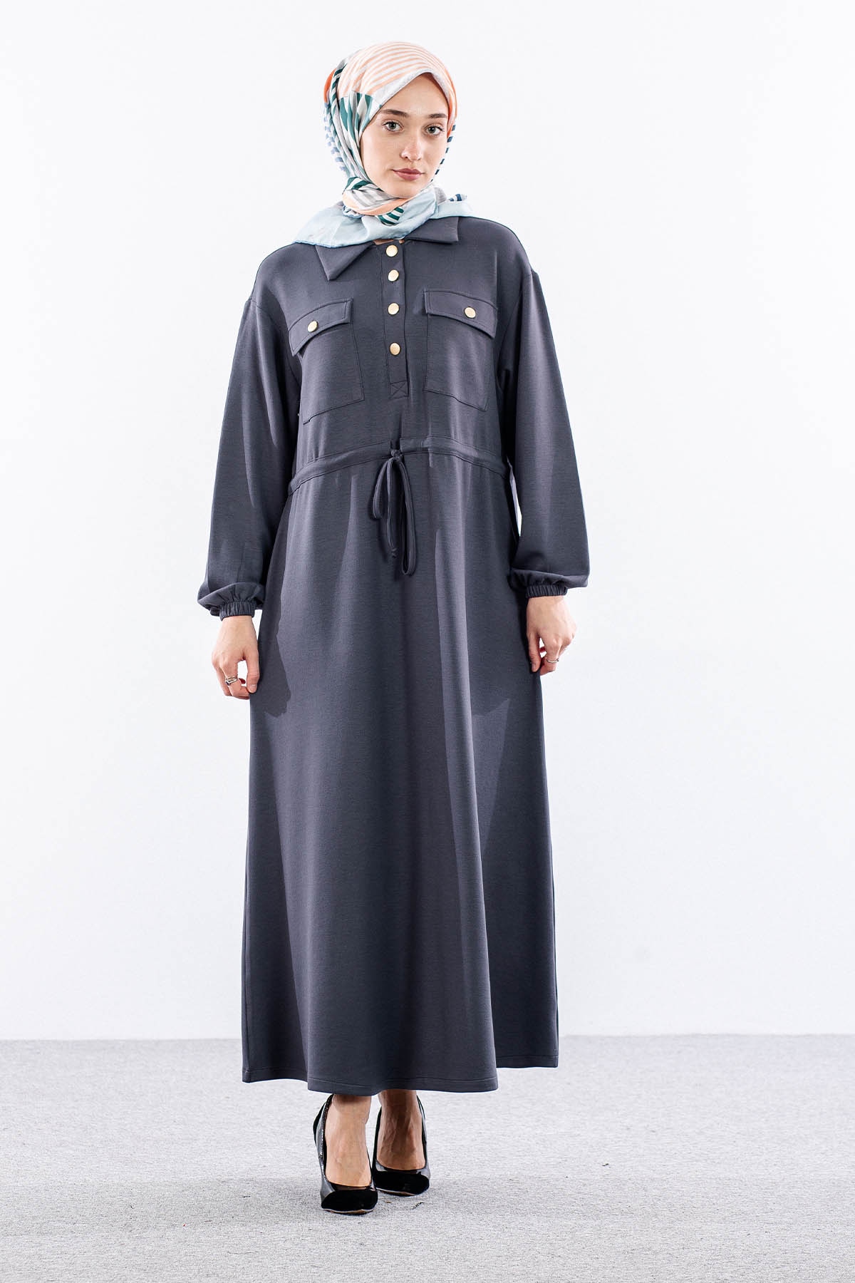 4172 Elbise 42-48 Tunelli Detay - Gri - 1