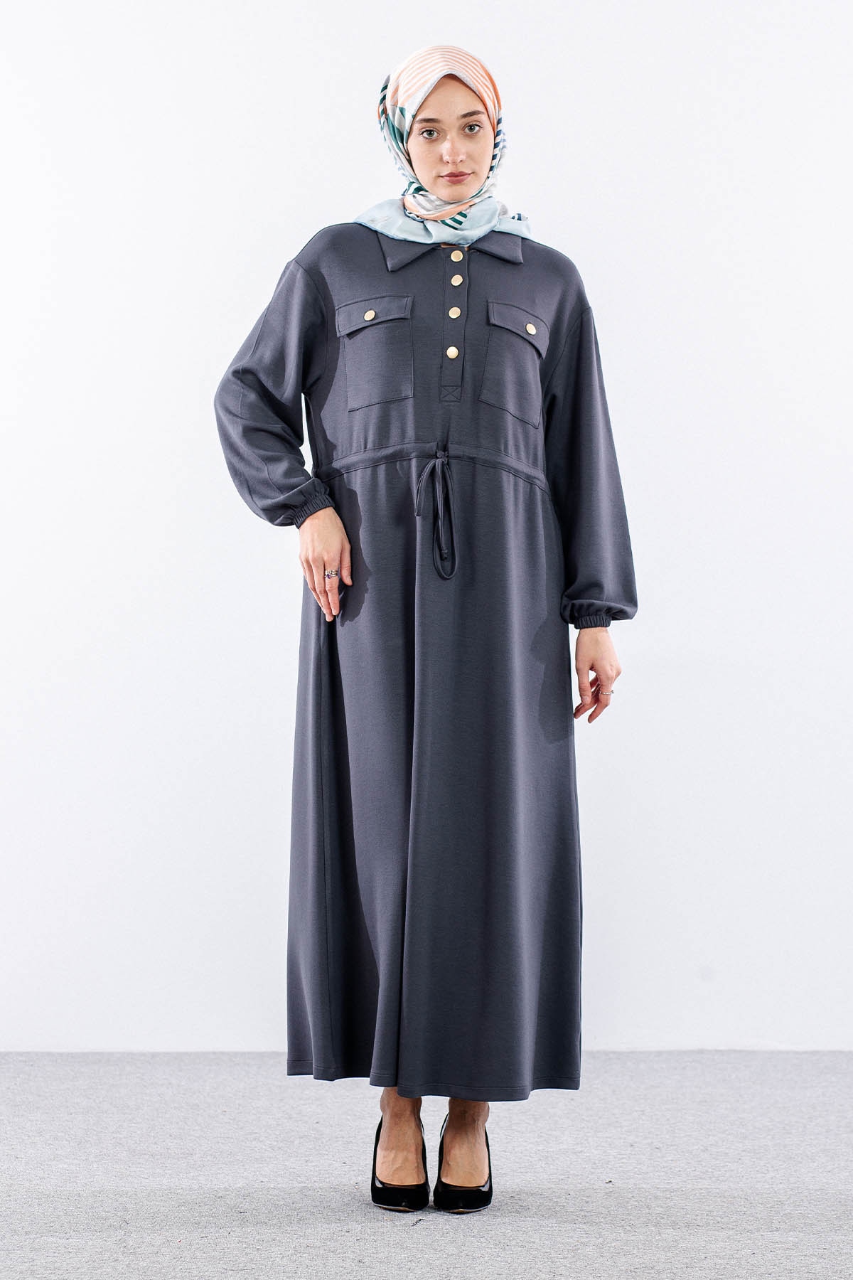 4172 Elbise 42-48 Tunelli Detay - Gri - 2