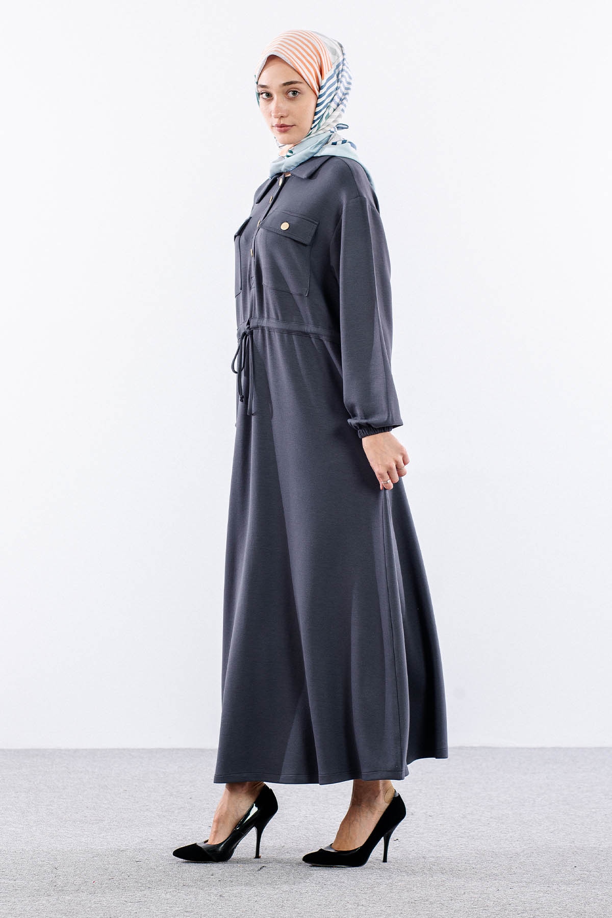 4172 Elbise 42-48 Tunelli Detay - Gri - 3