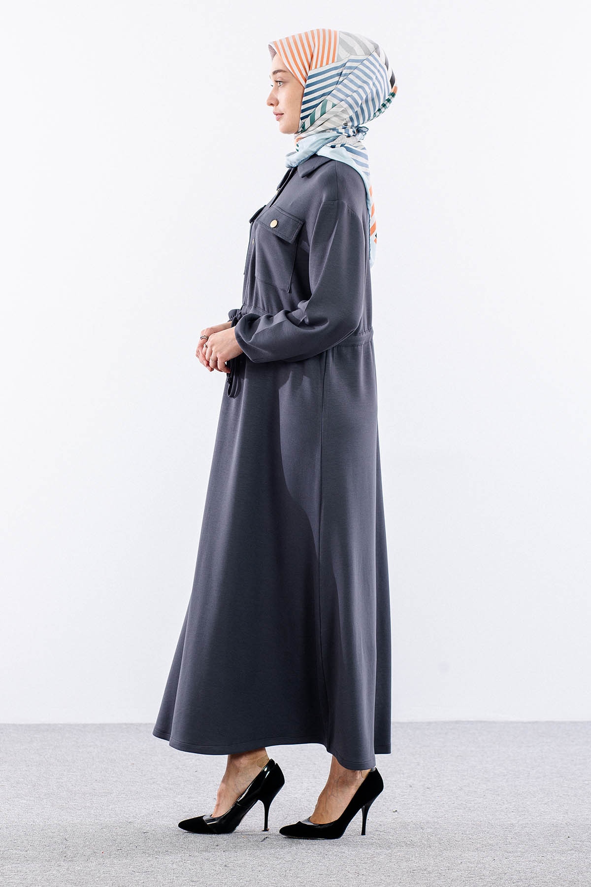 4172 Elbise 42-48 Tunelli Detay - Gri - 4