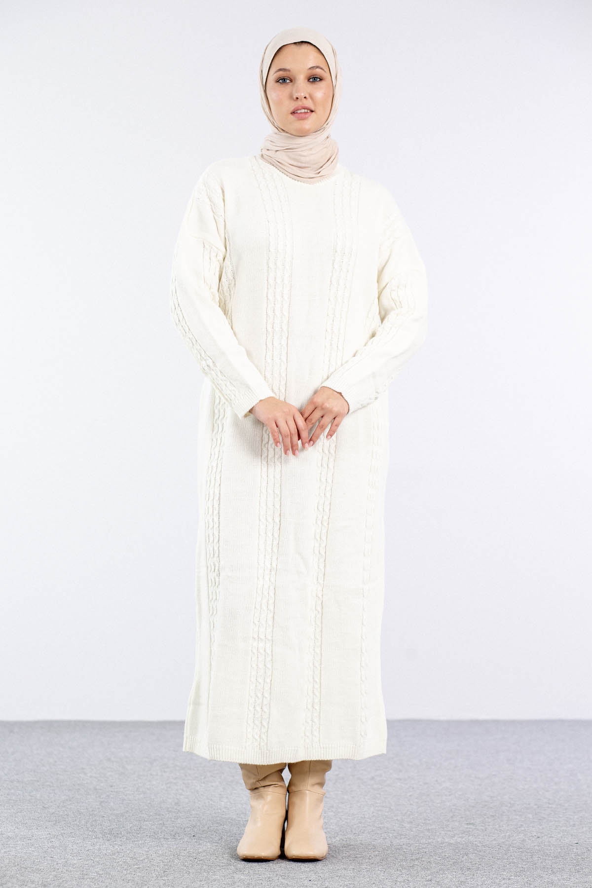 4176 Triko Elbise Tek - Ekru - 1