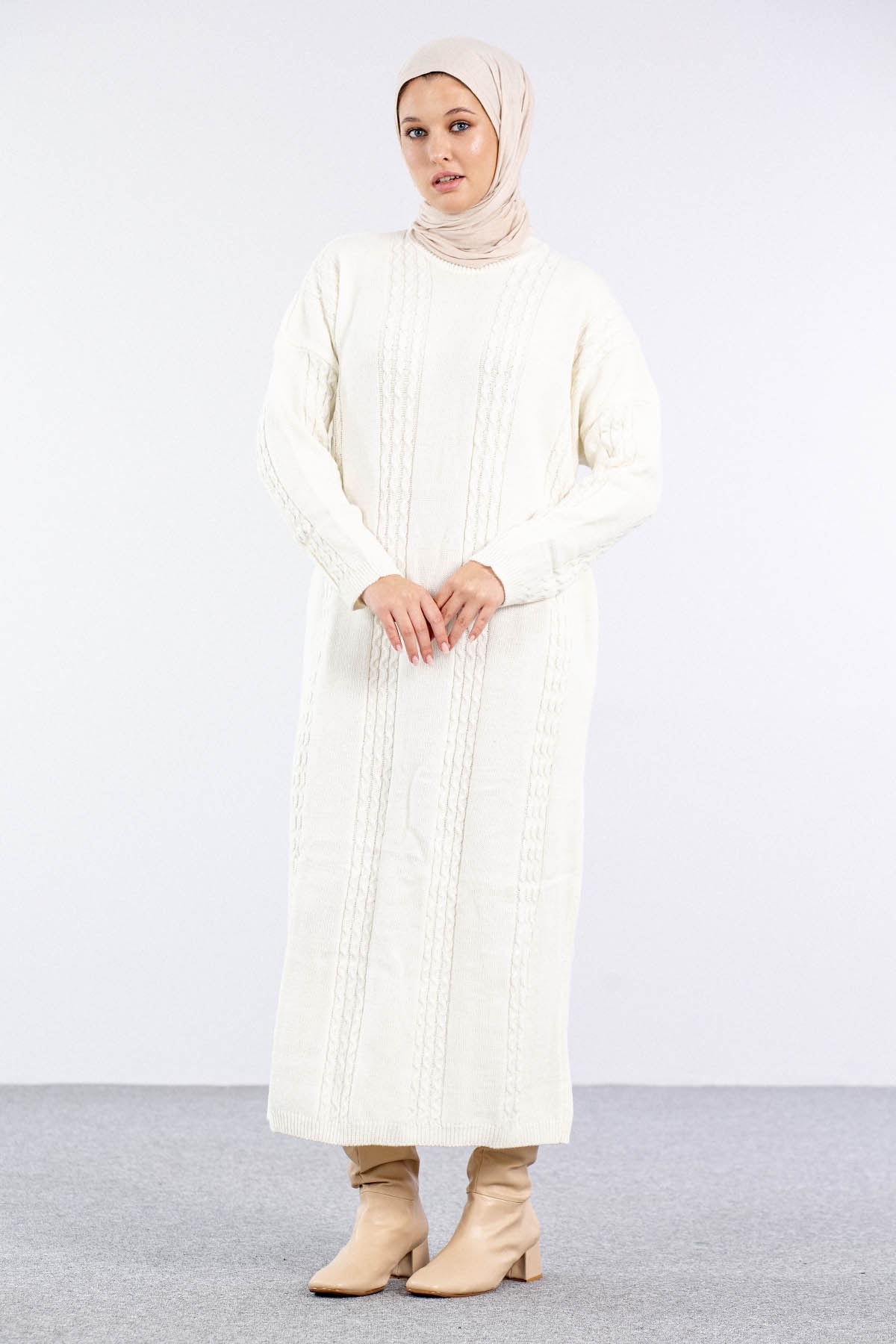 4176 Triko Elbise Tek - Ekru - 2