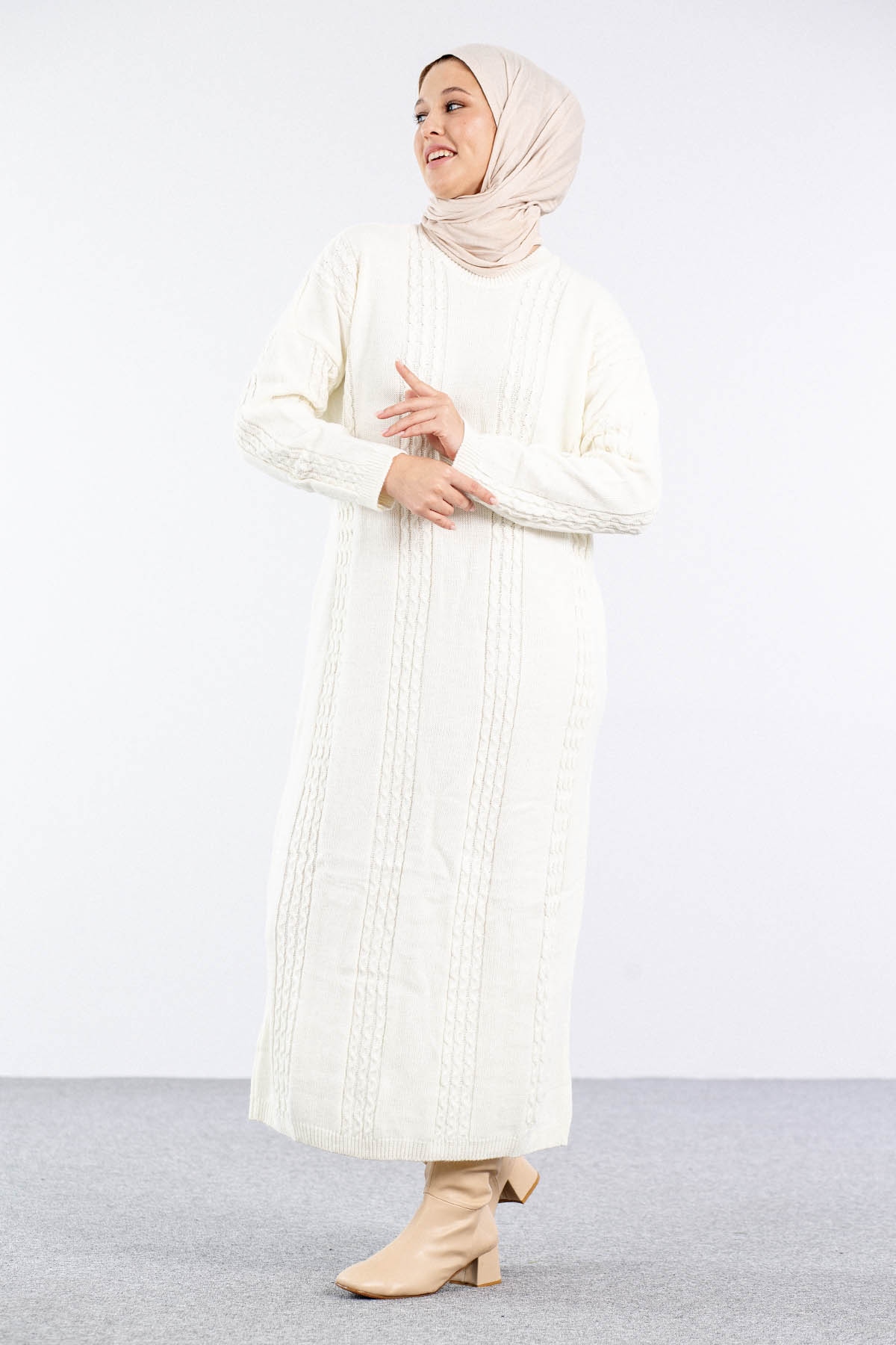 4176 Triko Elbise Tek - Ekru - 3