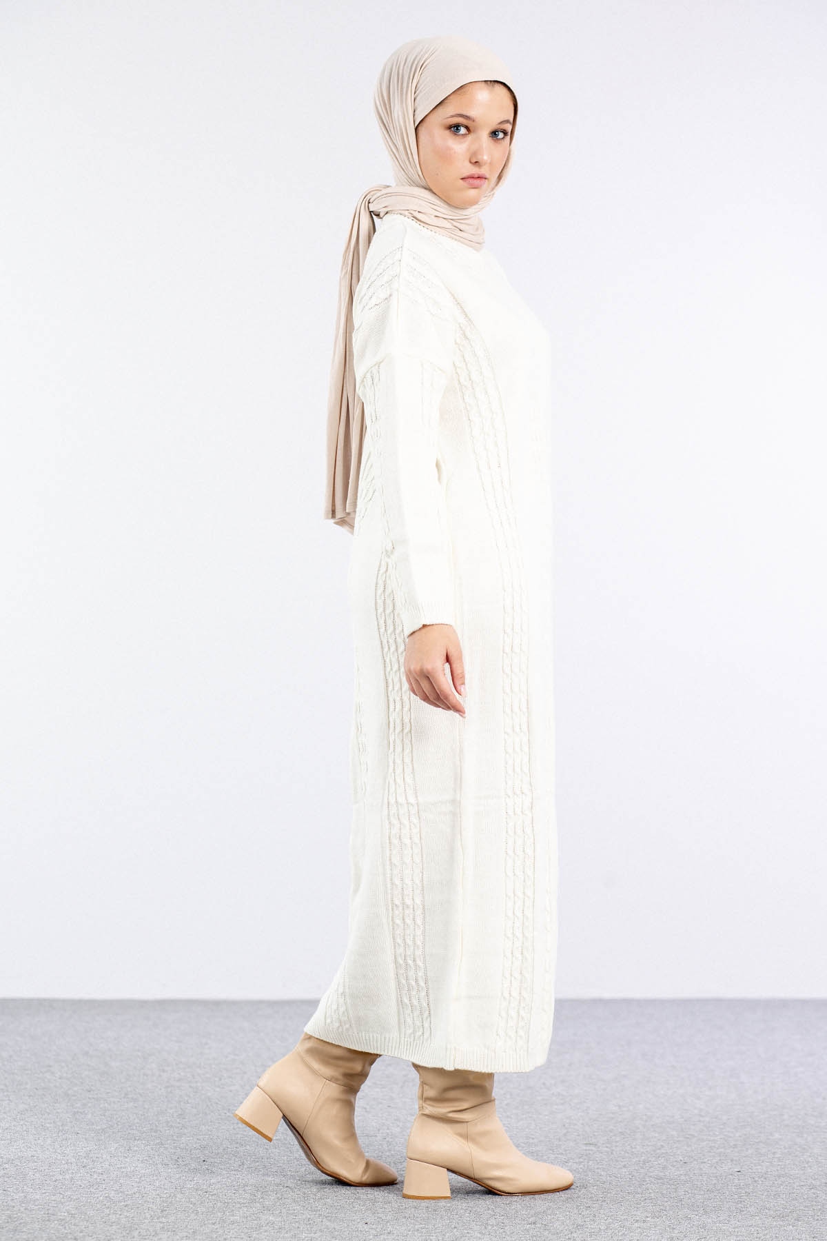 4176 Triko Elbise Tek - Ekru - 5