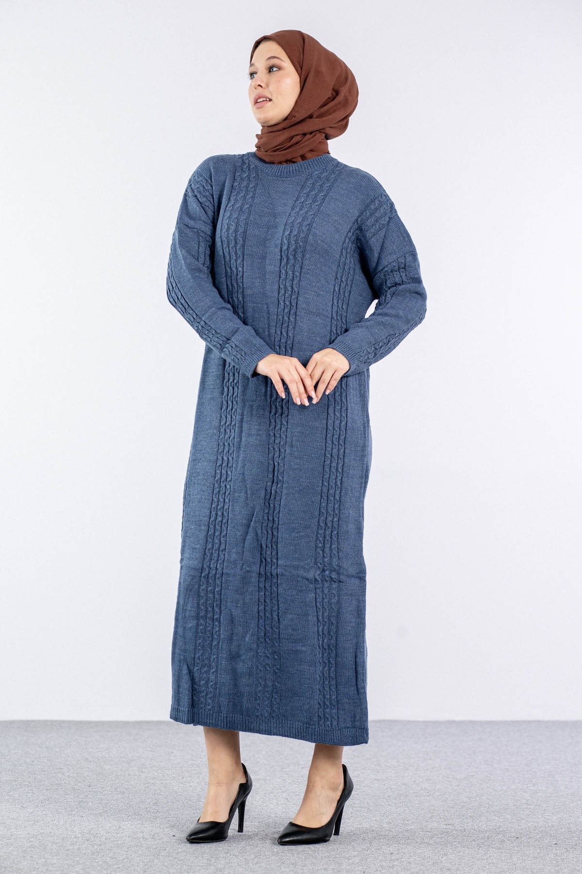 4176 Triko Elbise Tek - Indigo - 2