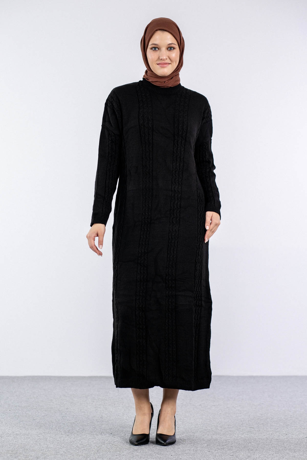 4176 Triko Elbise Tek - Siyah - 1