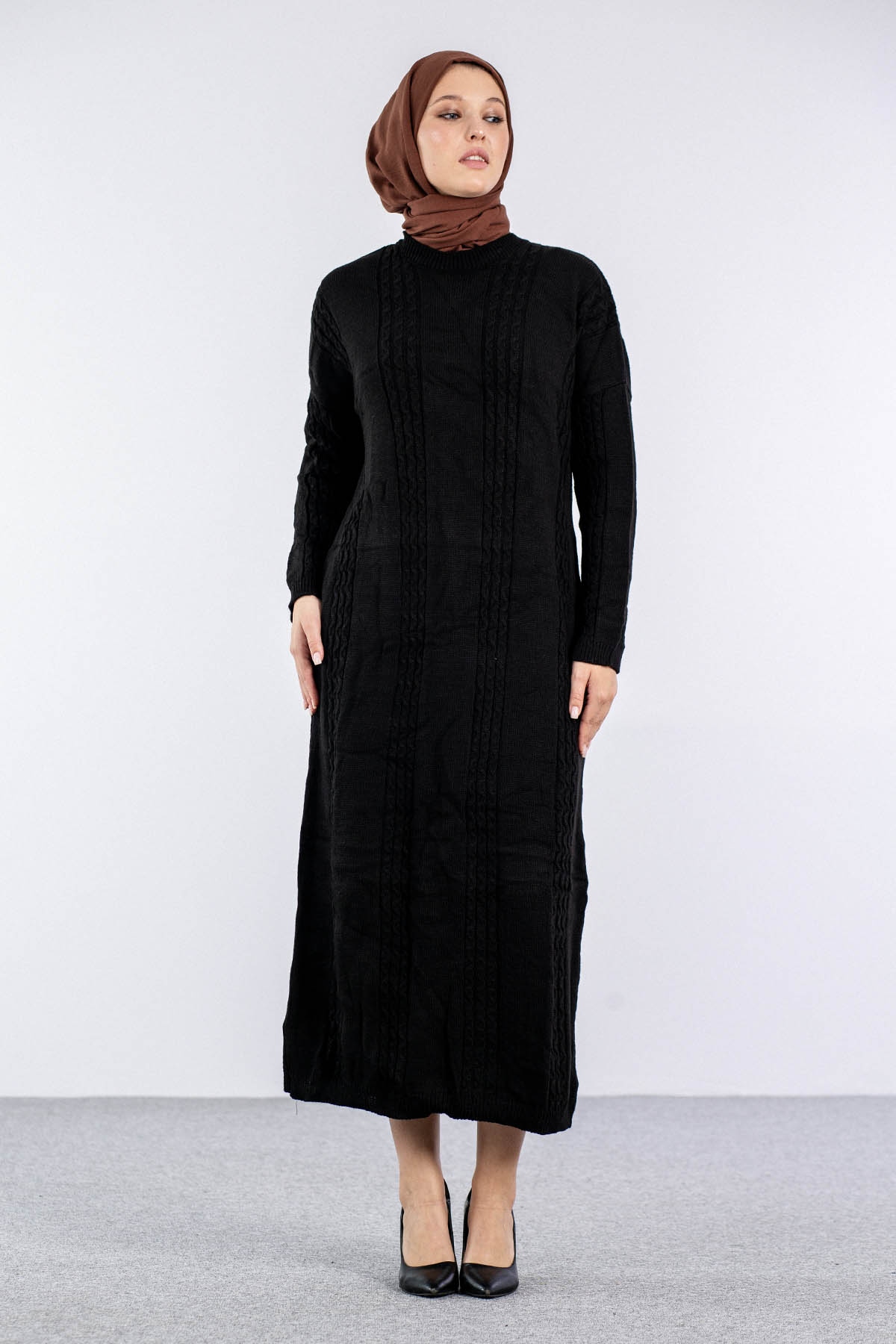 4176 Triko Elbise Tek - Siyah - 2