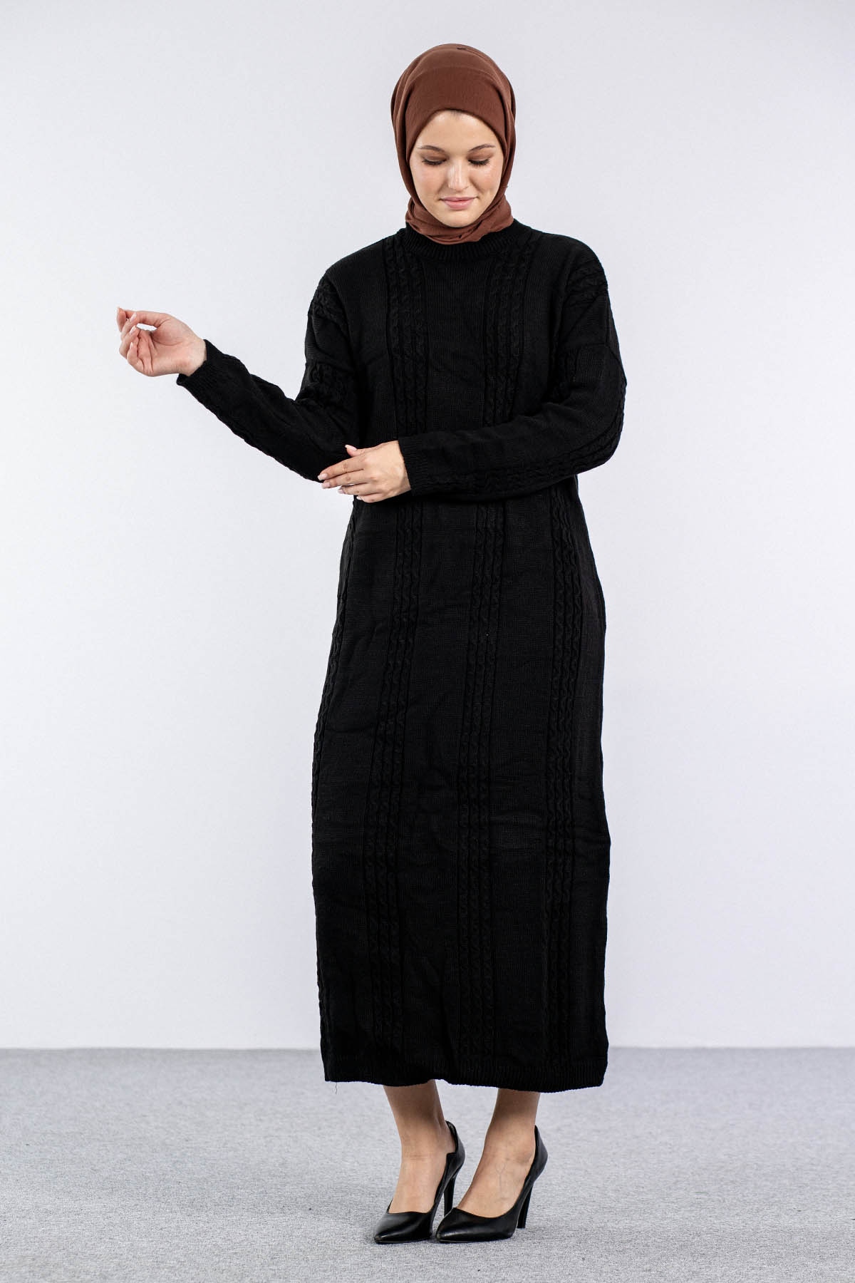 4176 Triko Elbise Tek - Siyah - 3