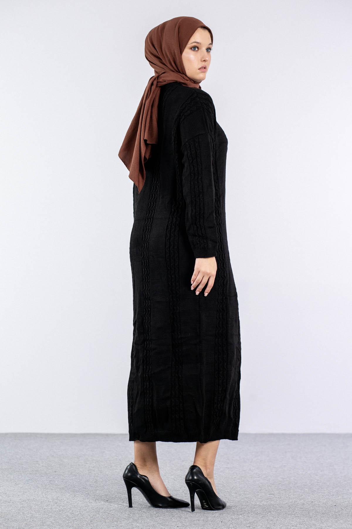 4176 Triko Elbise Tek - Siyah - 5