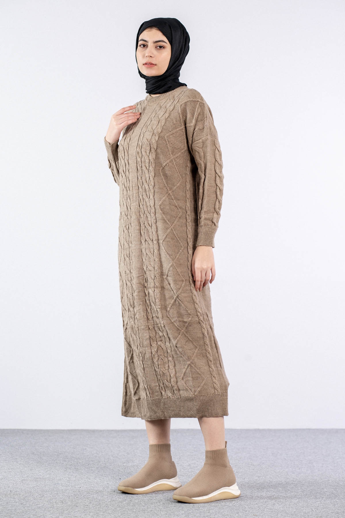 4216 Elbise Tek - Vizon - 3