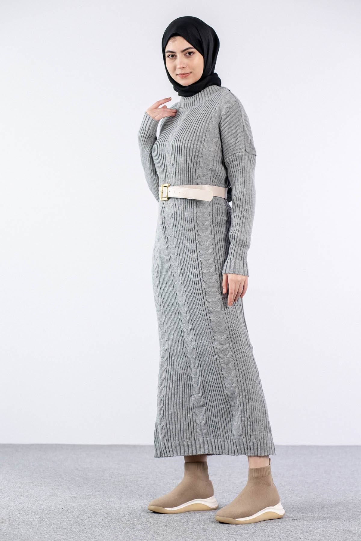 4279 Triko Elbise Tek - A_gri - 3