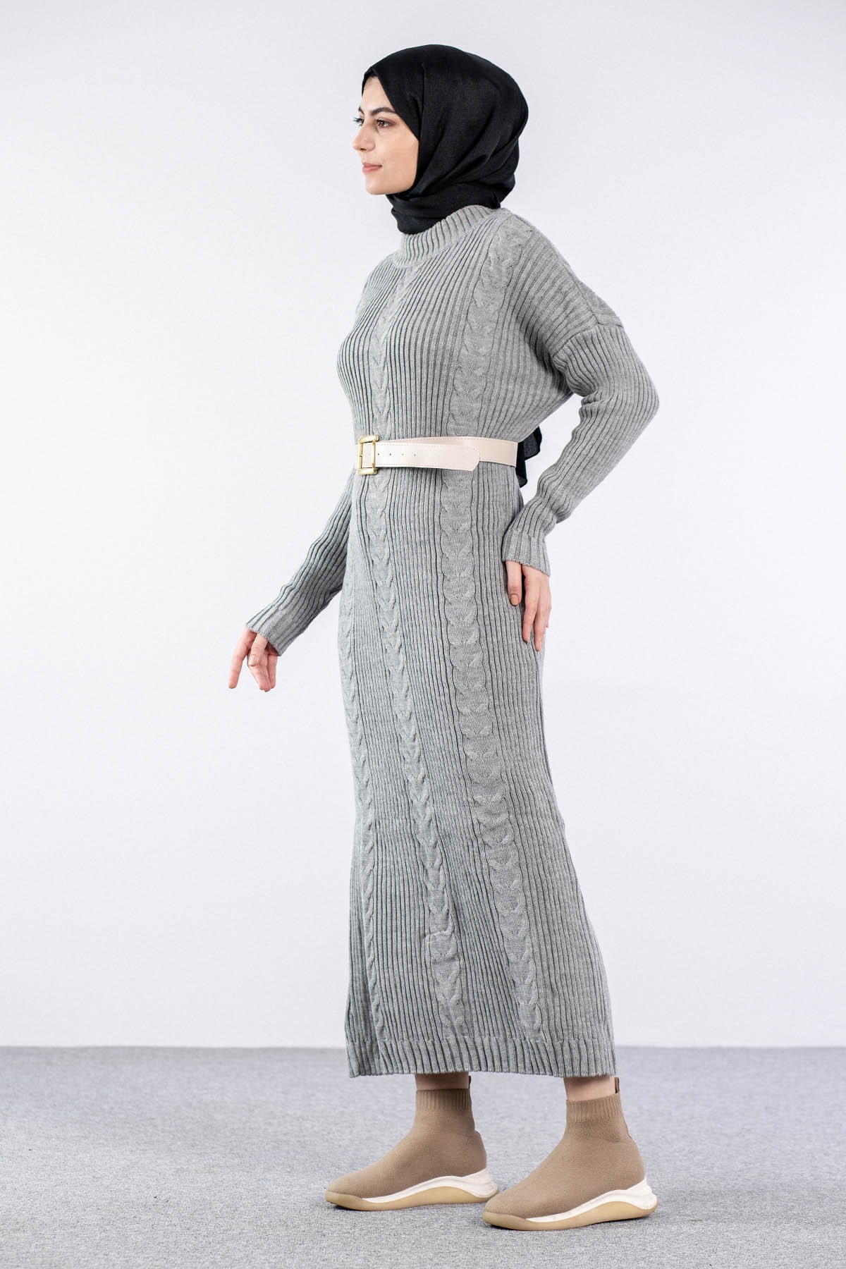 4279 Triko Elbise Tek - A_gri - 4