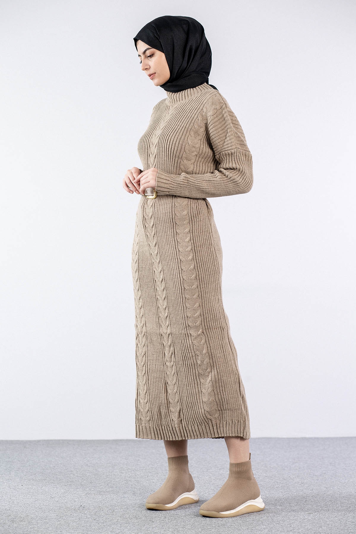 4279 Triko Elbise Tek - Bej - 2