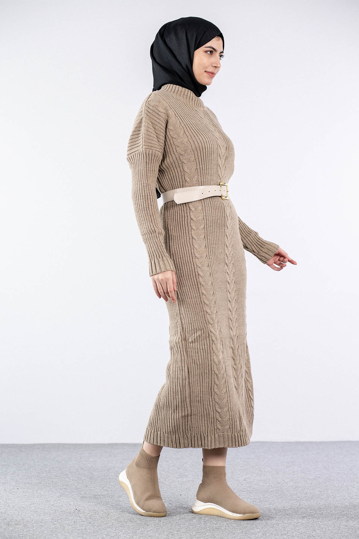 4279 Triko Elbise Tek - Bej - 3