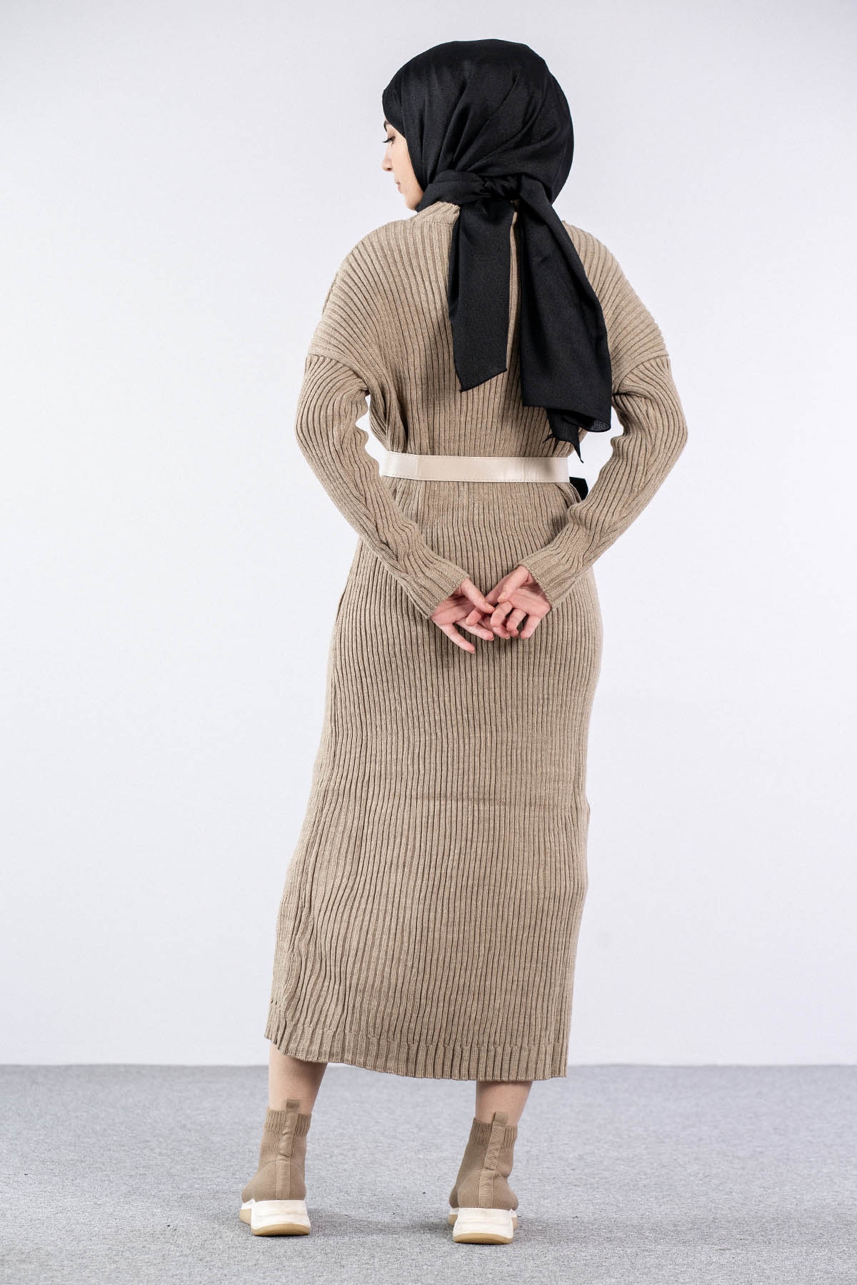 4279 Triko Elbise Tek - Bej - 4