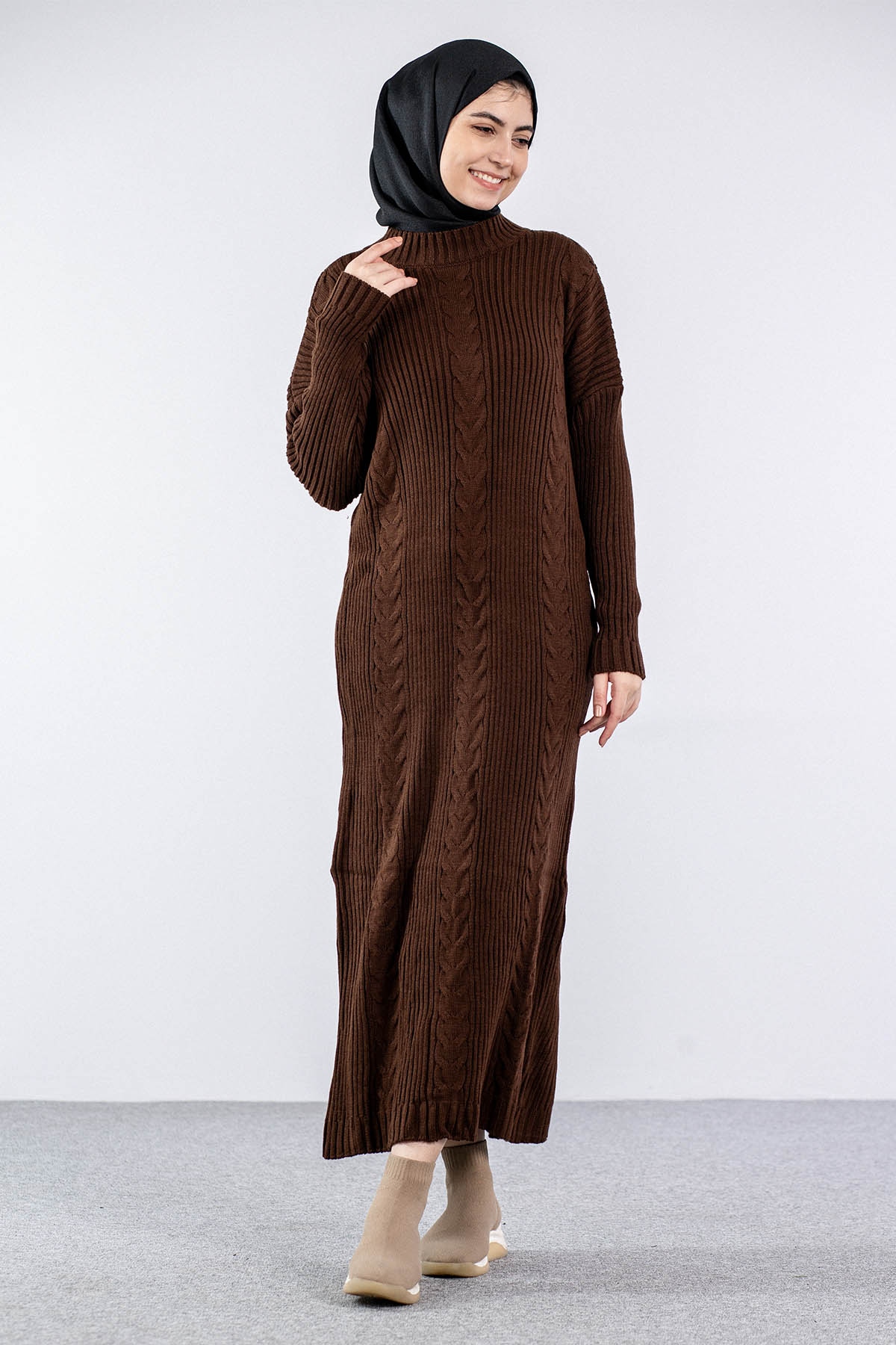 4279 Triko Elbise Tek - Kahve - 1