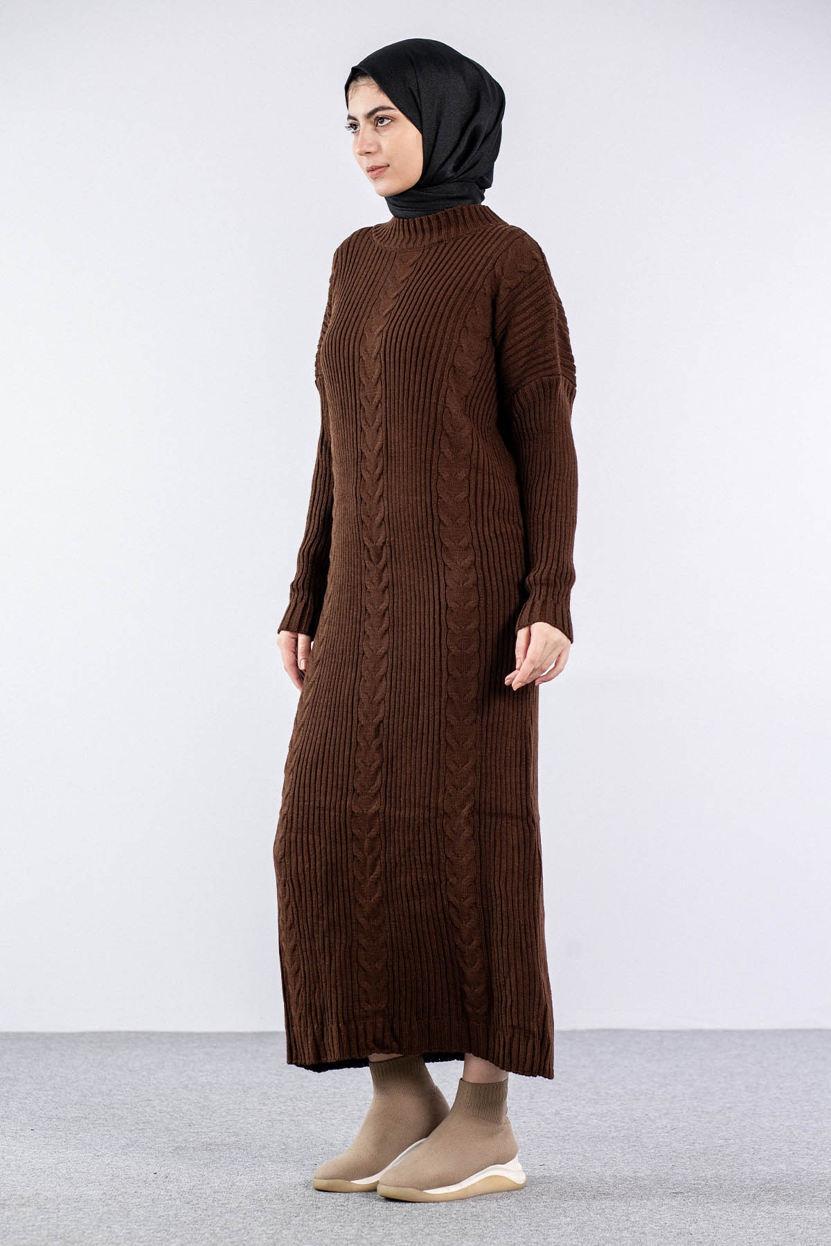 4279 Triko Elbise Tek - Kahve - 2