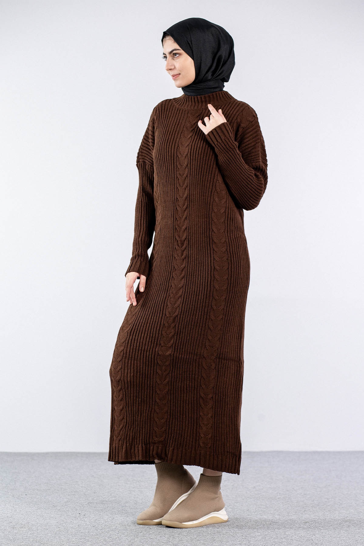 4279 Triko Elbise Tek - Kahve - 3