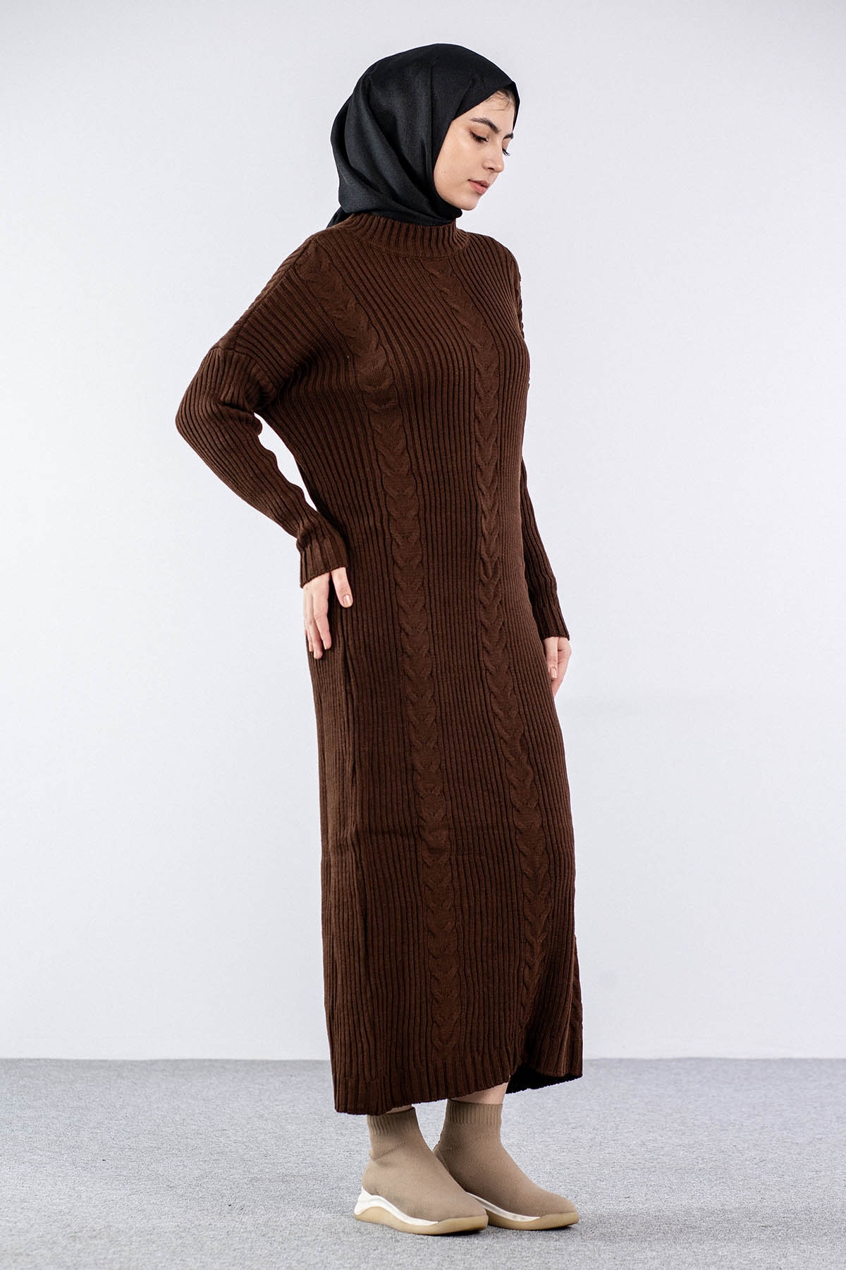 4279 Triko Elbise Tek - Kahve - 4