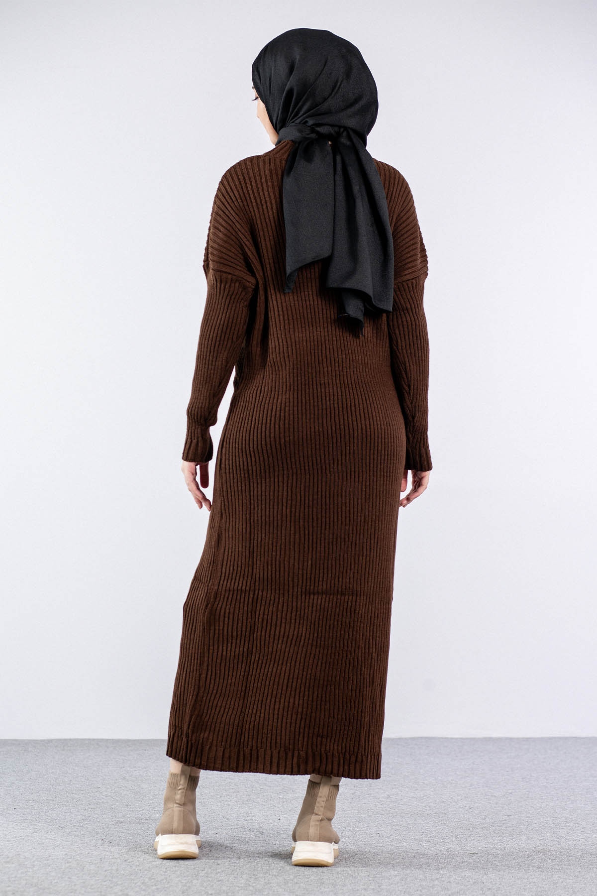 4279 Triko Elbise Tek - Kahve - 5