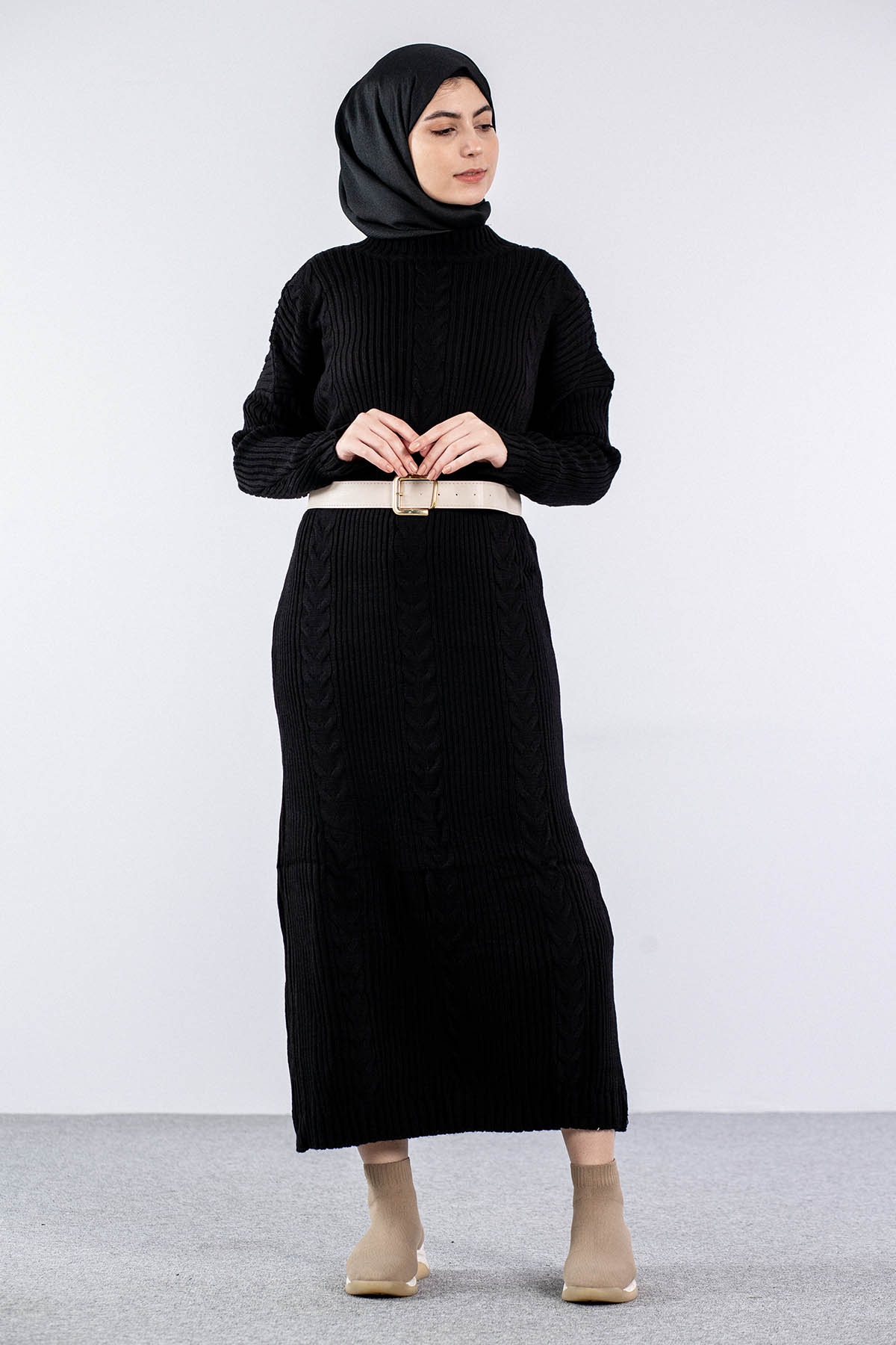 4279 Triko Elbise Tek - Siyah - 1