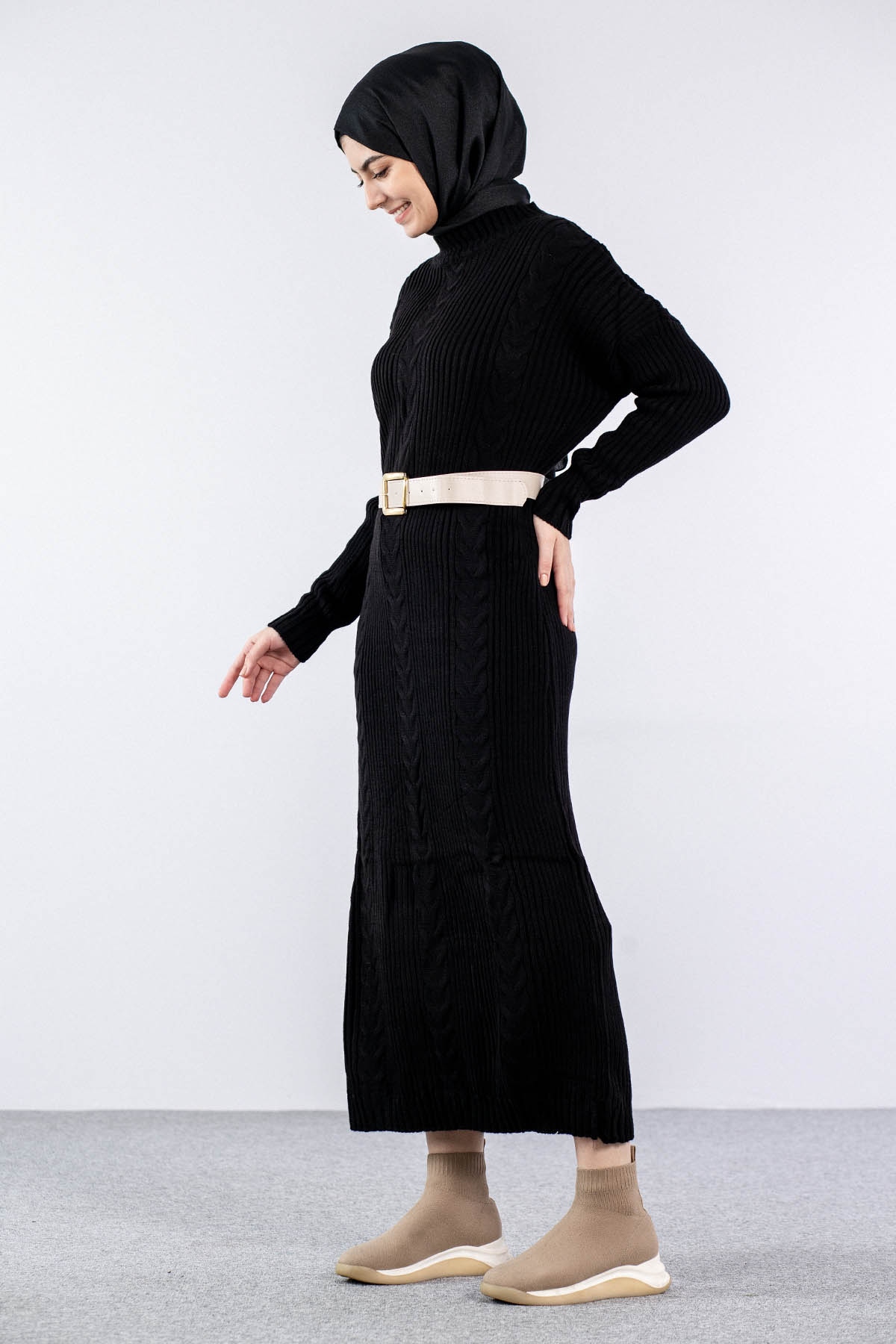 4279 Triko Elbise Tek - Siyah - 3