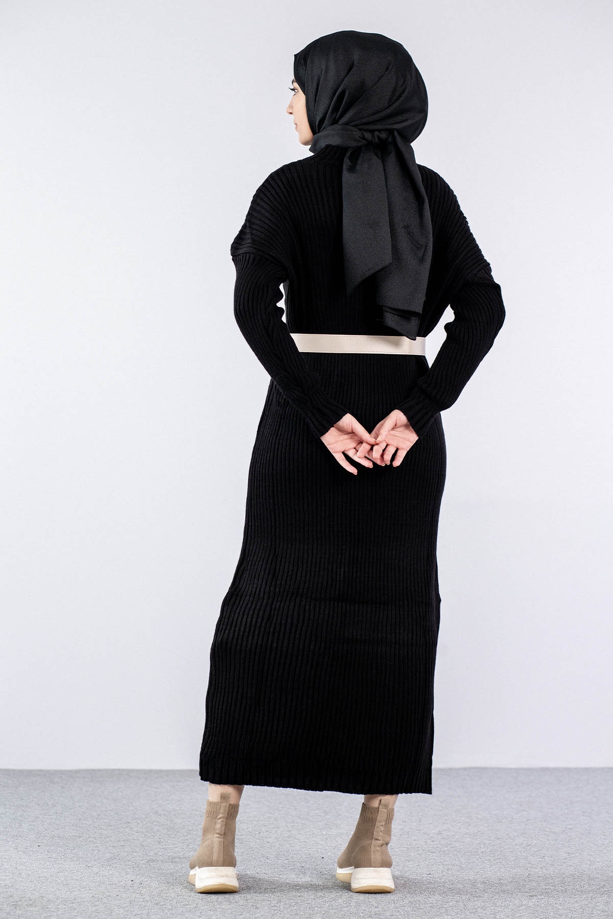 4279 Triko Elbise Tek - Siyah - 4