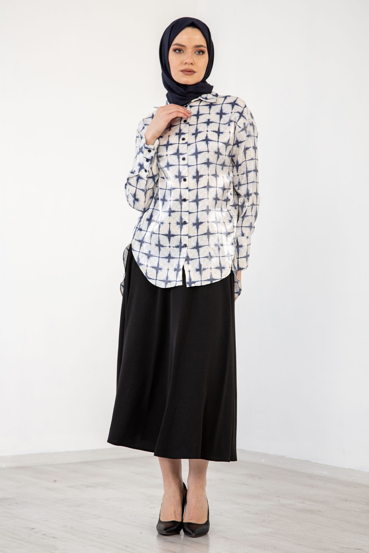 4325 Saten Gömlek 38-44 - Krem_mavi - 1