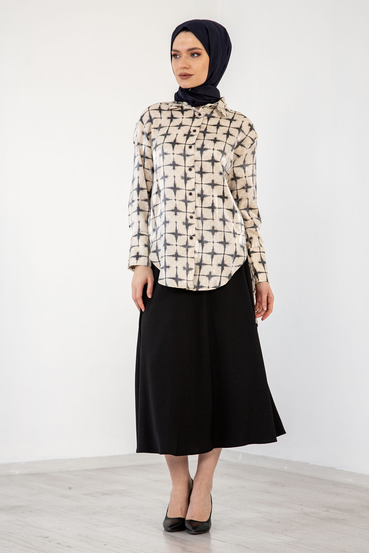 4325 Saten Gömlek 38-44 - Krem_siyah - 1