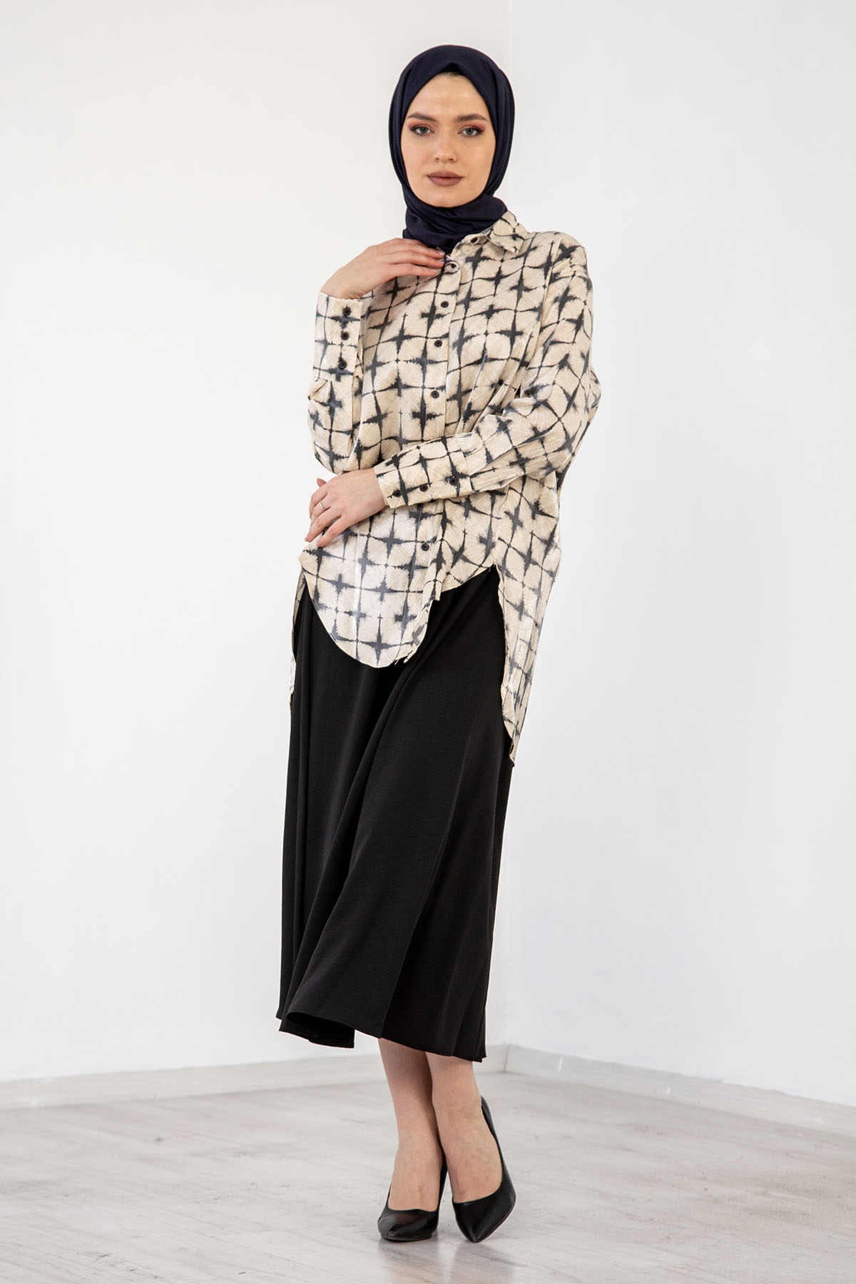 4325 Saten Gömlek 38-44 - Krem_siyah - 2