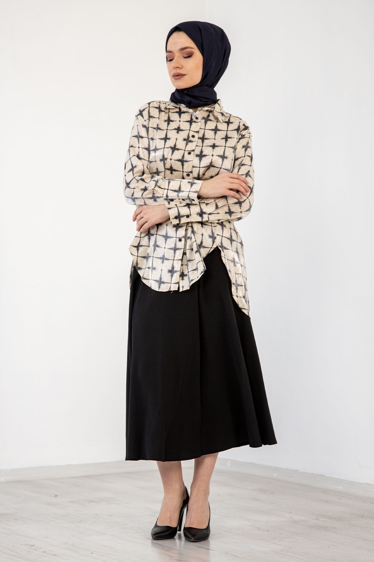 4325 Saten Gömlek 38-44 - Krem_siyah - 3