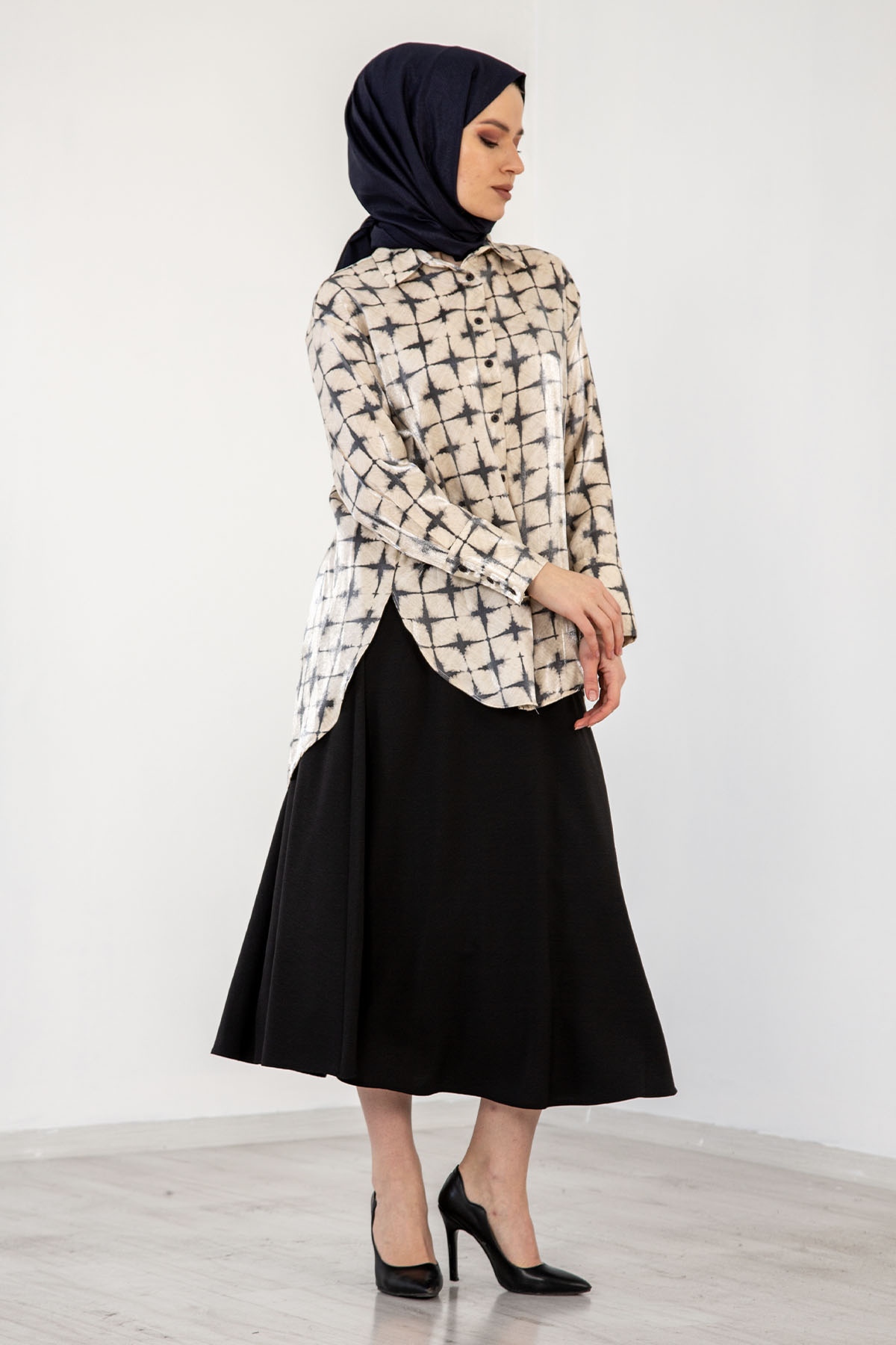 4325 Saten Gömlek 38-44 - Krem_siyah - 4