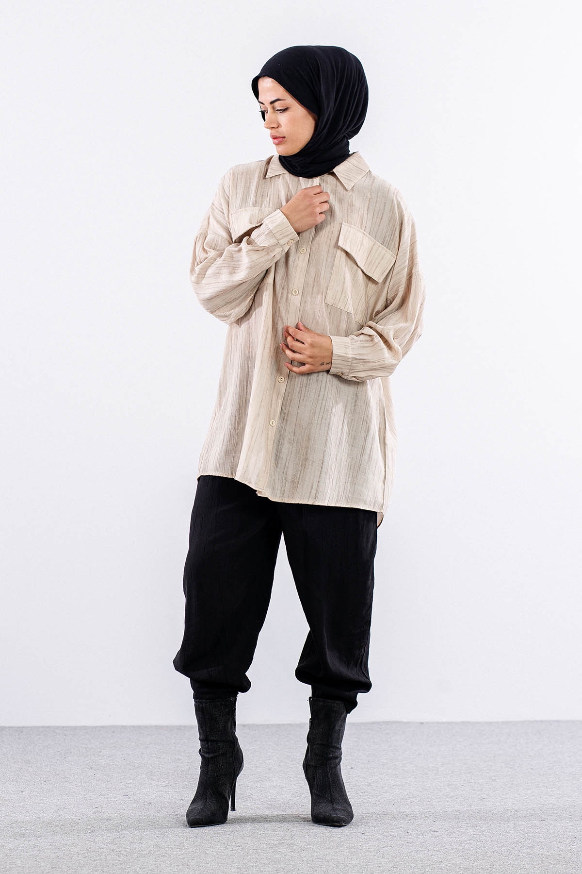 5004 Gömlek 42-44-46 Cep Detay - Bej - 1